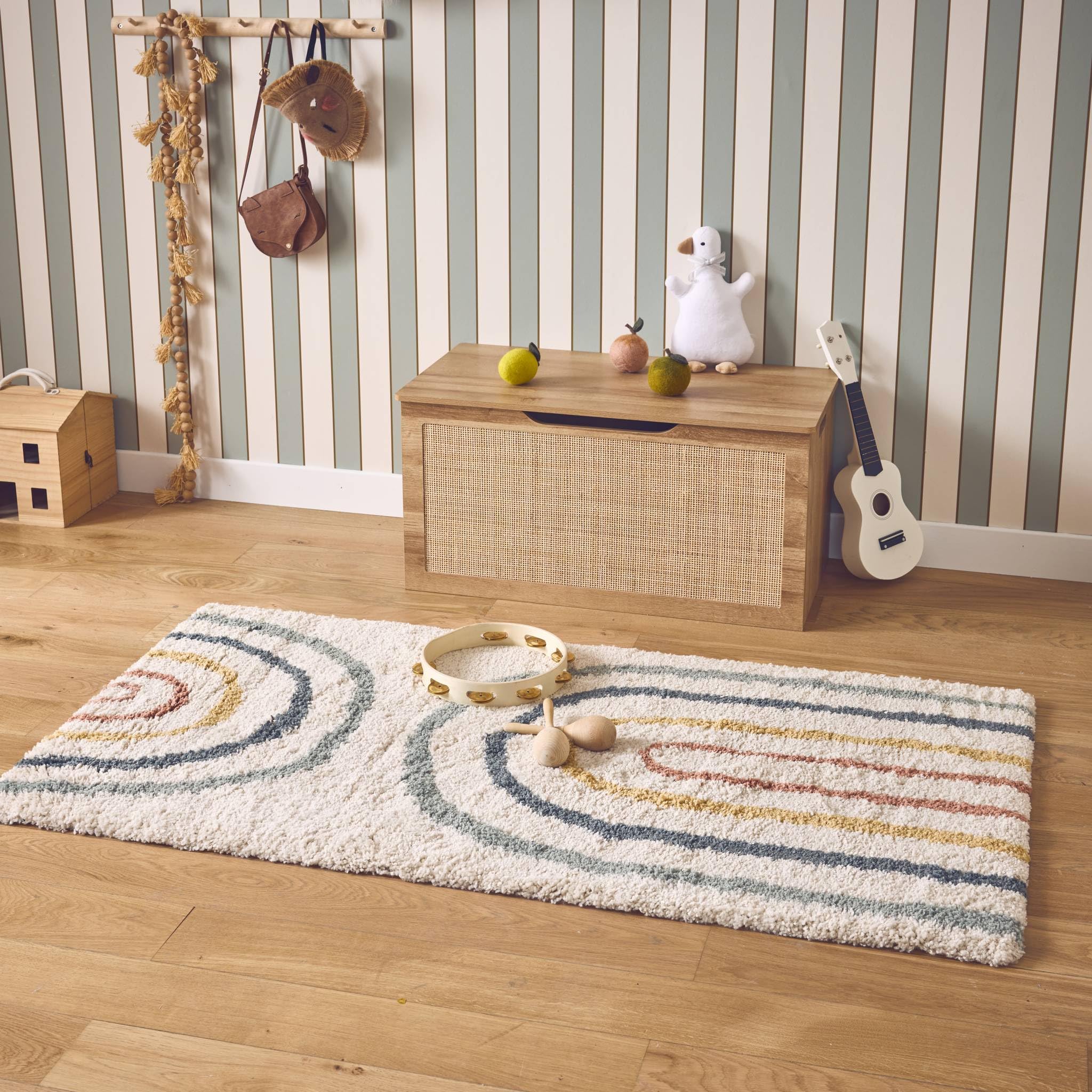 sweeek - Tapis Enfant Arc-en-Ciel 80x150cm. Tapis intérieur crème et Multicolore. Poils Longs Shaggy