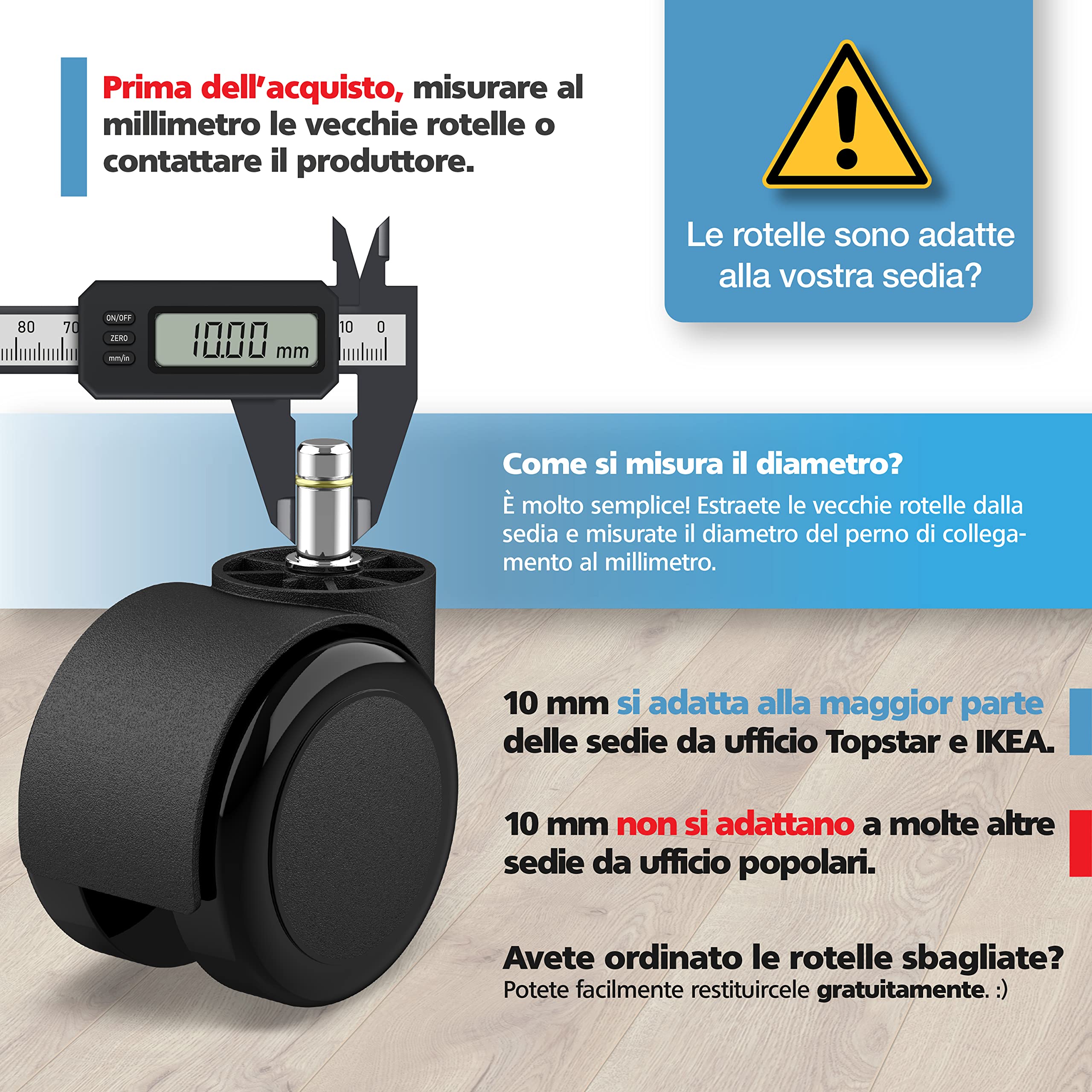 Set Di 5 Piedini Per Sedia Da Ufficio, Diametro Perno 10 Mm, Neri, Certificati TÜV E GS. Ideali Per Fissare Le Sedie Girevoli Su Qualsiasi Pavimento.