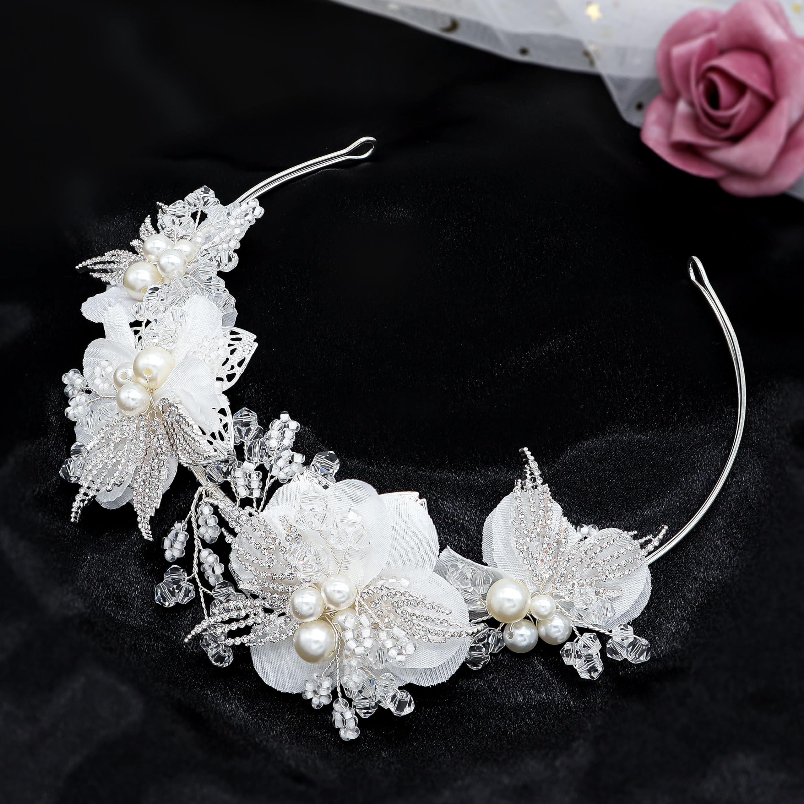 Oriamour Weißer Blumenmädchen-Kopfschmuck für Hochzeit, Blumenmädchen, Stirnband, Kommunion, Kopfschmuck für Mädchen, Prinzessin, Kristall, Haarschmuck für Geburtstagsfeier, Erstkommunion, Silber