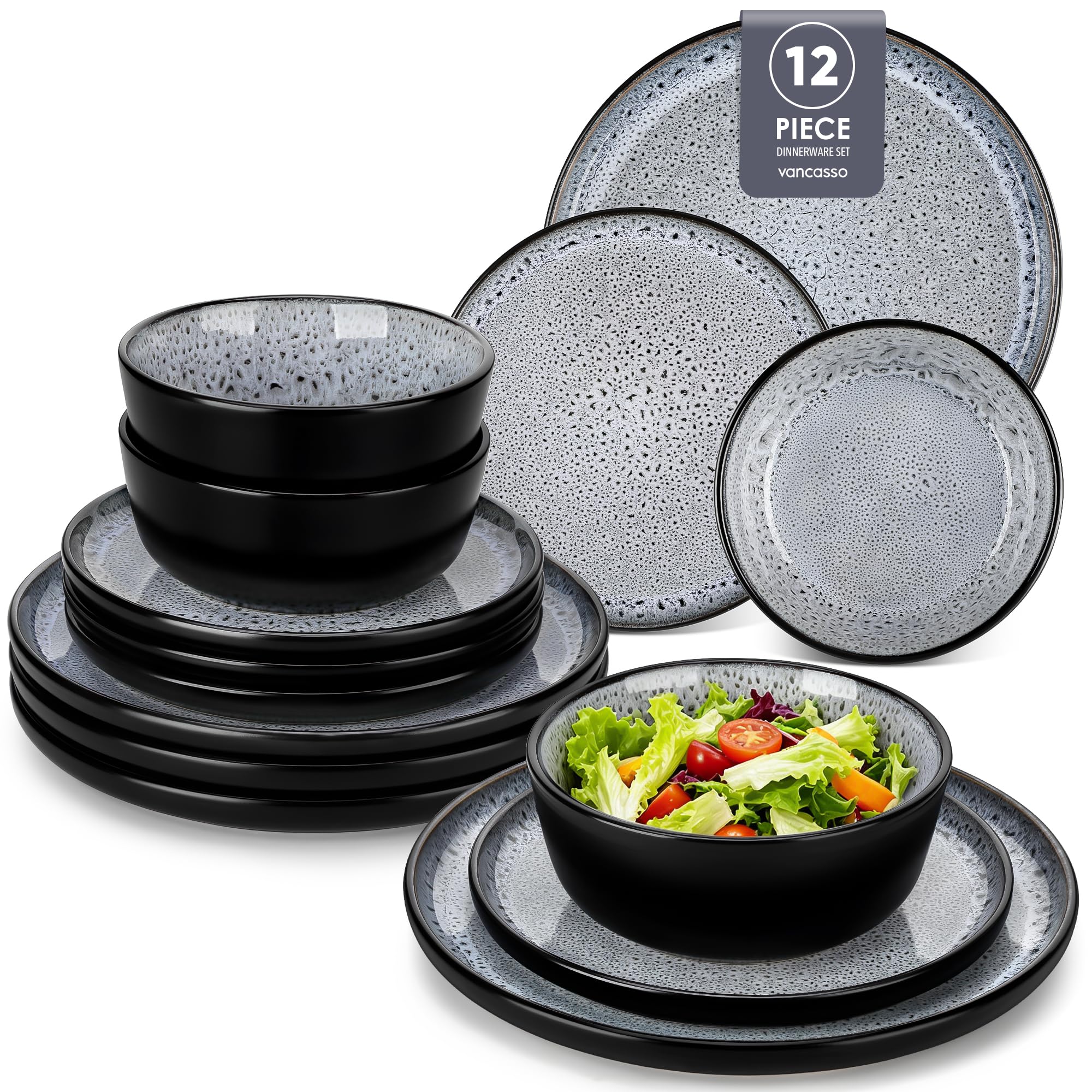 vancasso Bubble 12 Piece Stoneware Dinner Set for 4, Reactive Glaze Plates and Bowls Set, 26cm Dinner Plates, 21cm Side Plates & 840ml Bowls, Grey Ceramic Crockery Set, Microwave & Dishwasher Safe