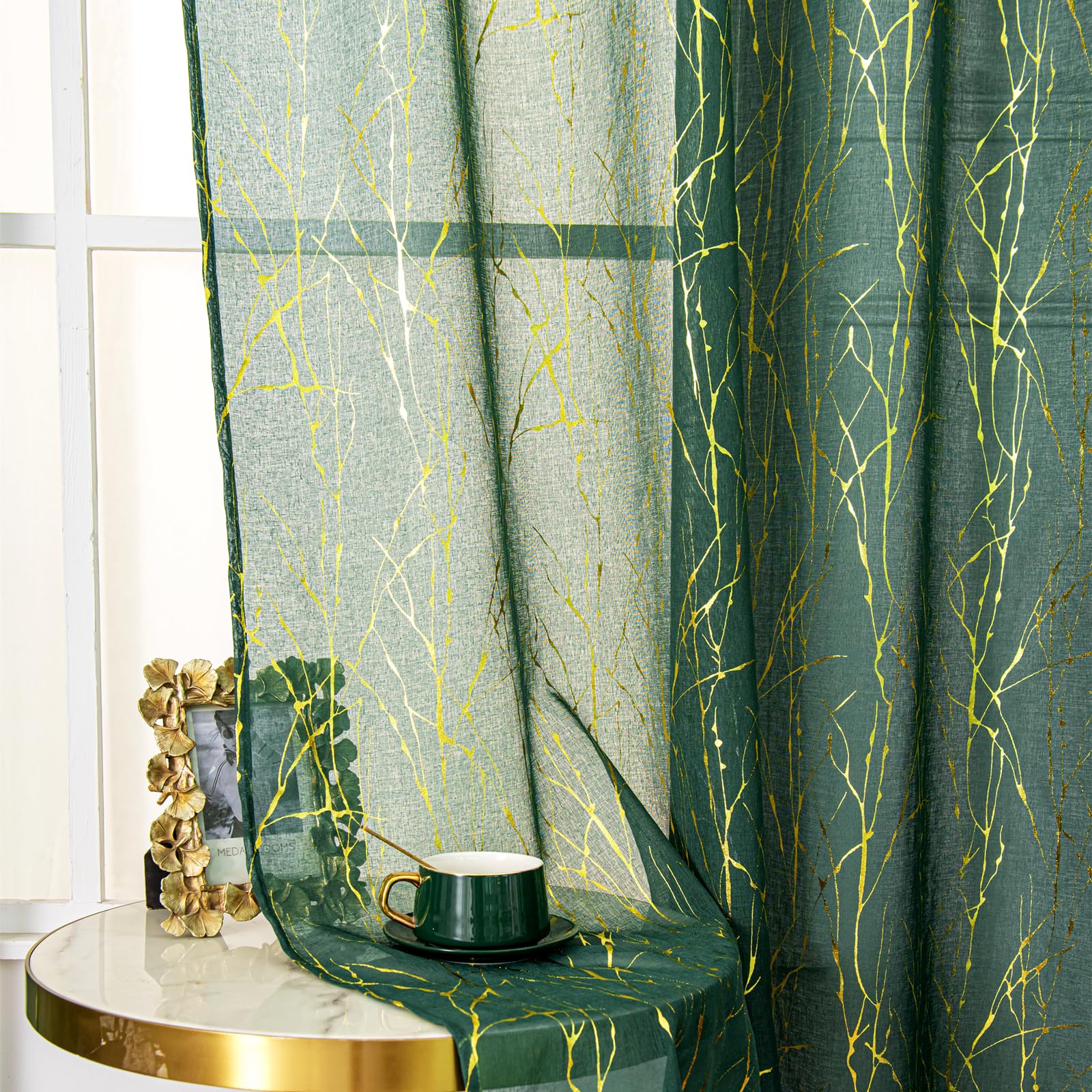 Cortinas traslúcidas verde esmeralda de 243.8 cm para dormitorio, 2 paneles con estampado