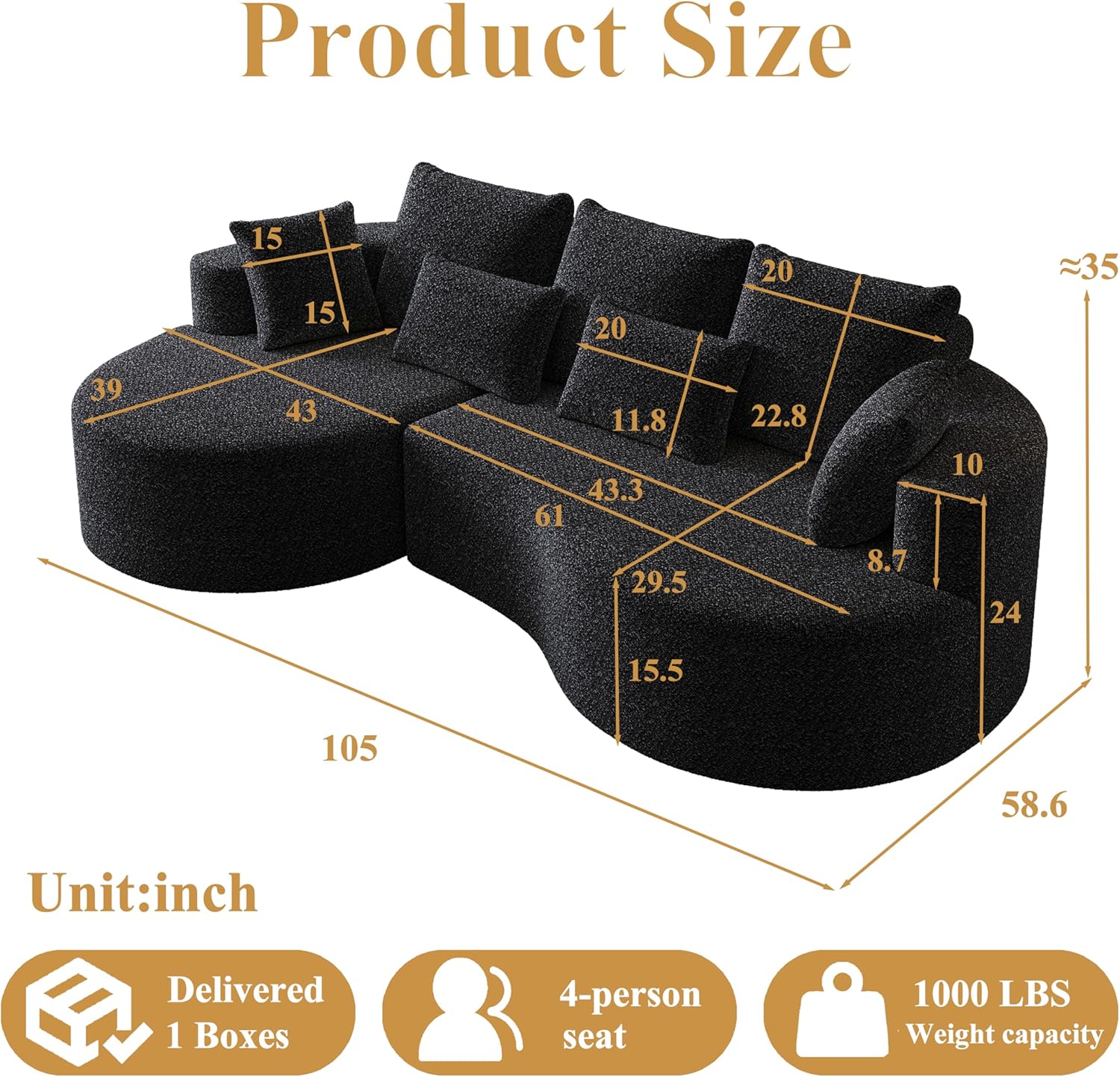 105-Inch Oversized Chenille Modern Sectional Sofa, 4-Seater Extra Deep & Wide Seat Curved Cloud Couch with 7 Pillows, Free Combination Sofa Couch for Living Room,Bedroom
