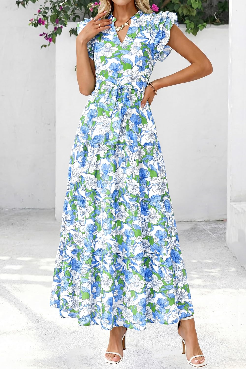 dowerme Women Summer Maxi Dresses 2026 Ruffle Sleeve V Neck Floral Boho Long Dress Belted Tiered Sundress with Pockets