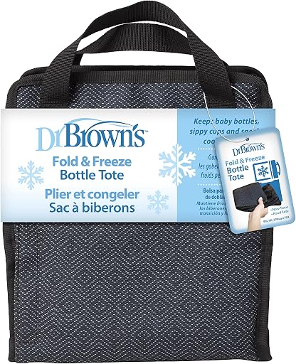 Dr. Brown’s Fold & Freeze Bottle Tote, Breastfeeding Essential Cooler Bag, 6 Baby Bottles Milk Storage - Black