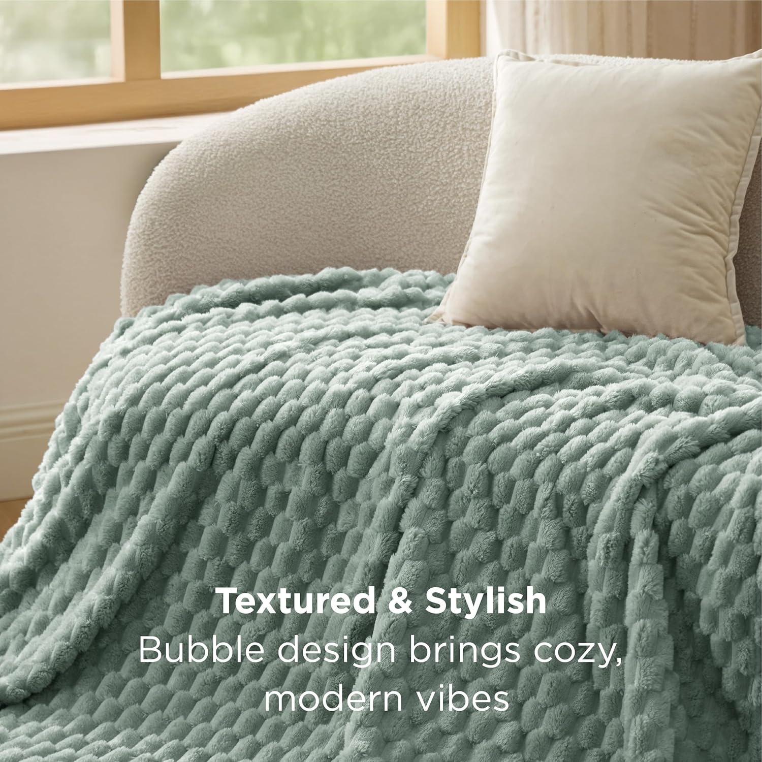 Bedsure Sage Green Throw Blanket for Couch - 350GSM Fluffy Plush Bubble Blanket for Bed Home Room Decor, GentleSoft Cute Fleece Soft Cozy Gifts for Women Girls, 50x60 Inches - Image 5