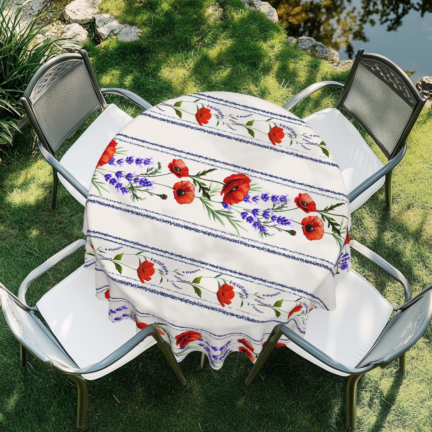 ARTSGOO White with red flowers Round Tablecloth 60 Inch Durable Wipe-Clean Waterproof Table Cloth for Dining Table, Kitchen, Party, Wedding & Outdoor Use - White with red flowers