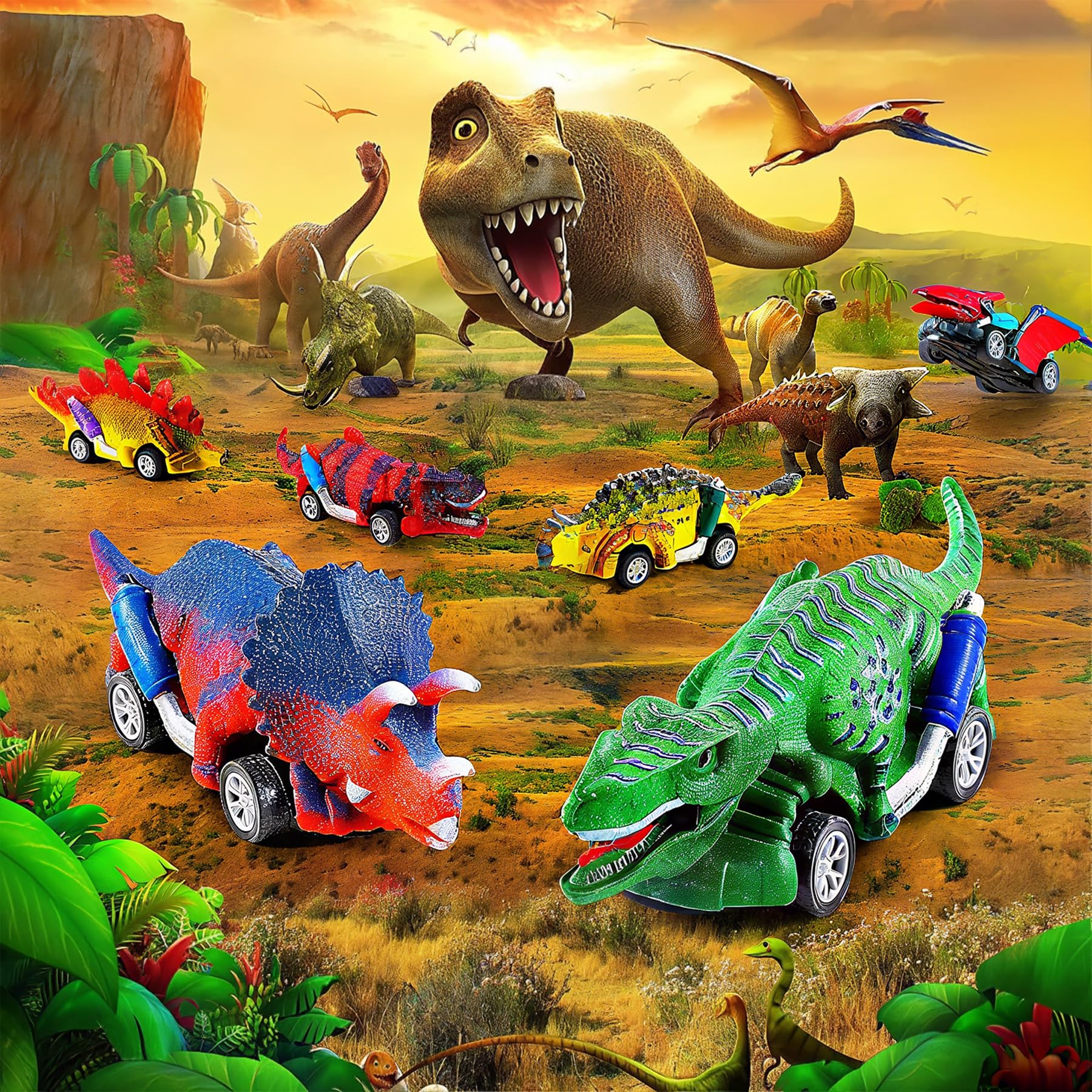 Dinozaury – 6 szt. samochodowe dinozaury z matą do zabawy – zabawka dla dzieci od 2, 3, 4 lat, zabawka dla dzieci od 3 lat, prezent dla chłopców i dziewczynek, prezent dla dzieci