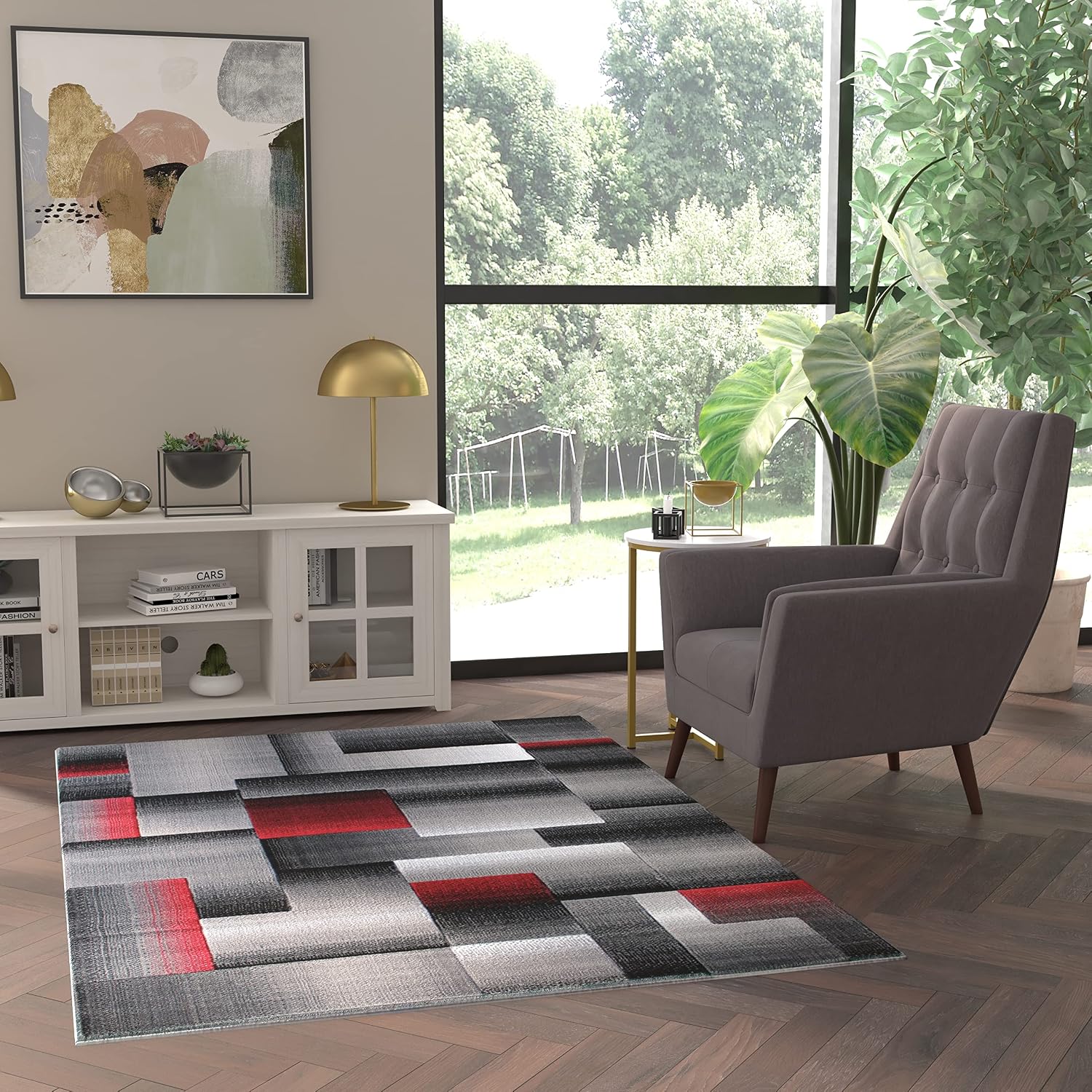 EMMA + OLIVER Olefin Accent Rug - Modern Cubist Pattern - Black and Gray Shades with Vibrant Turquoise Accents - 6x9 - Moisture & Stain Resistant