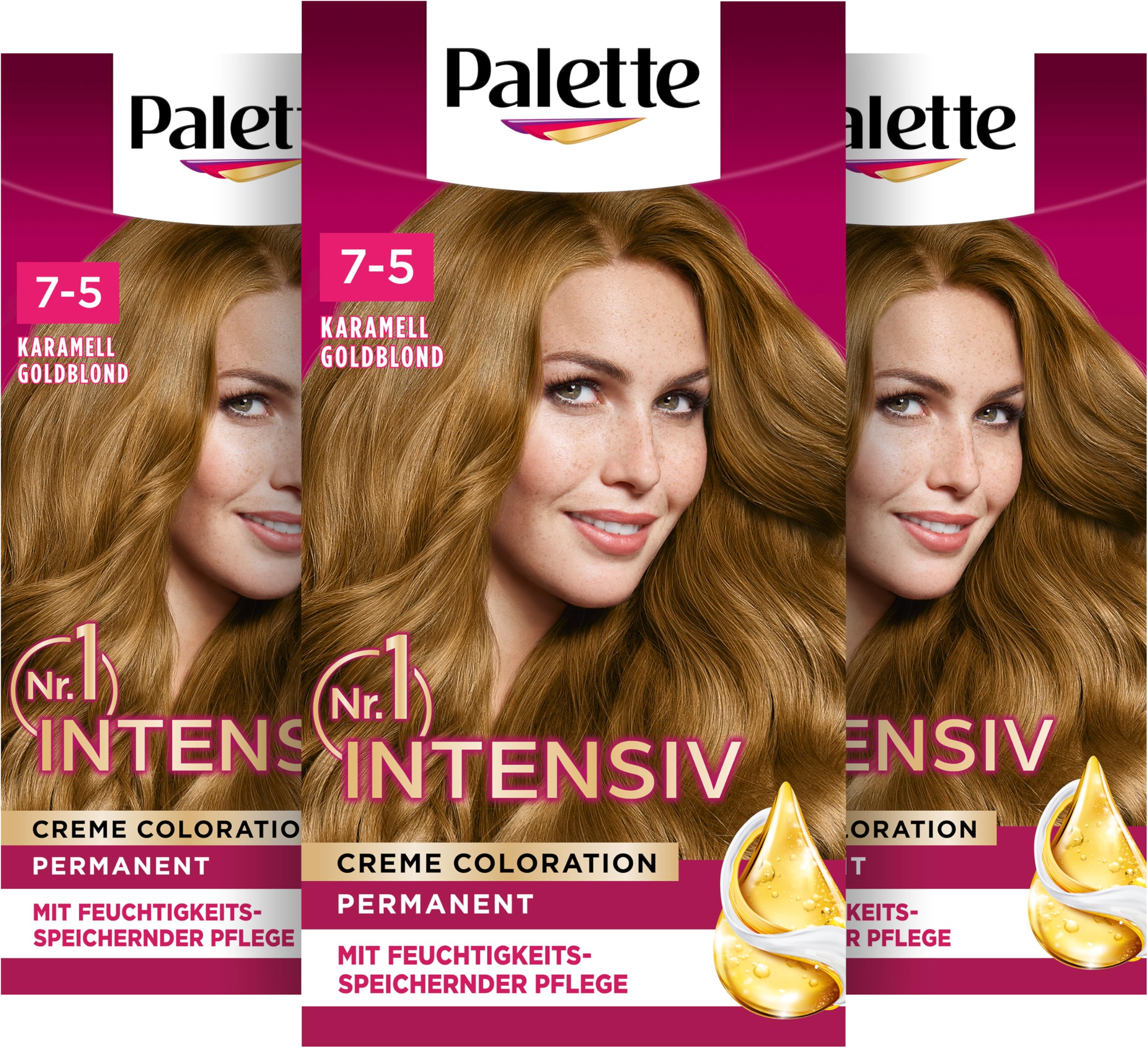 Palette Intensiv Creme Coloration 7-5/546 Karamell Goldblond (3 x 115 ml), permanente Haarfarbe für leuchtende, langanhaltende Farbbrillanz & 100% Grauabdeckung