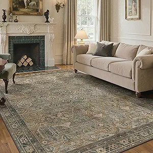 GENIMO 8x10 Area Rugs for Living Room, Machine Washable Non Slip Vintage Rugs, Low Pile Lightweight Chenille Print Rug for Bedroom, Dining Room, Home Office, Warm Taupe