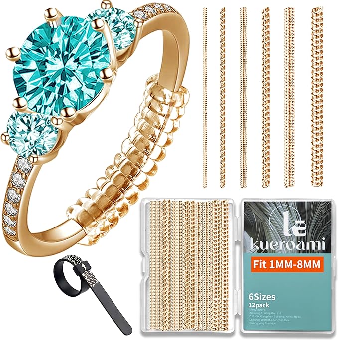 Ring Size Adjuster for Loose Rings,12 Pack-6 Sizes Plastic Guards Jewelry Fitter Resizer,Invisible Coil Wrap Ring Tightener for Women and Men, Inserts Make Rings Smaller Without Resizing (Gold)