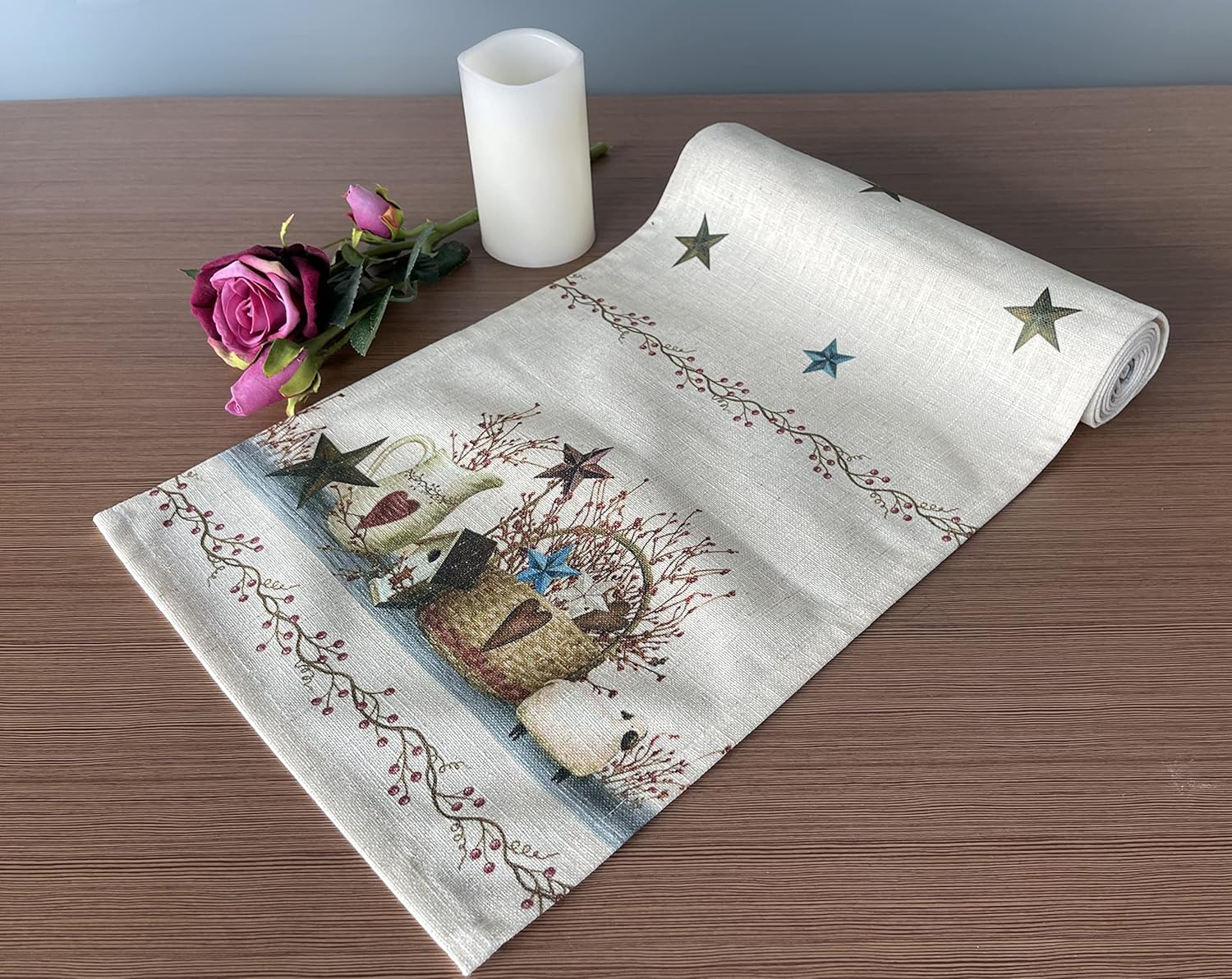 Table Runner Country Stars Rectangle 70 X 13 Inch Table Setting Decor for Garden Farmhouse Wedding Party Holiday Dinner Home Decoration Everyday Cotton Linen