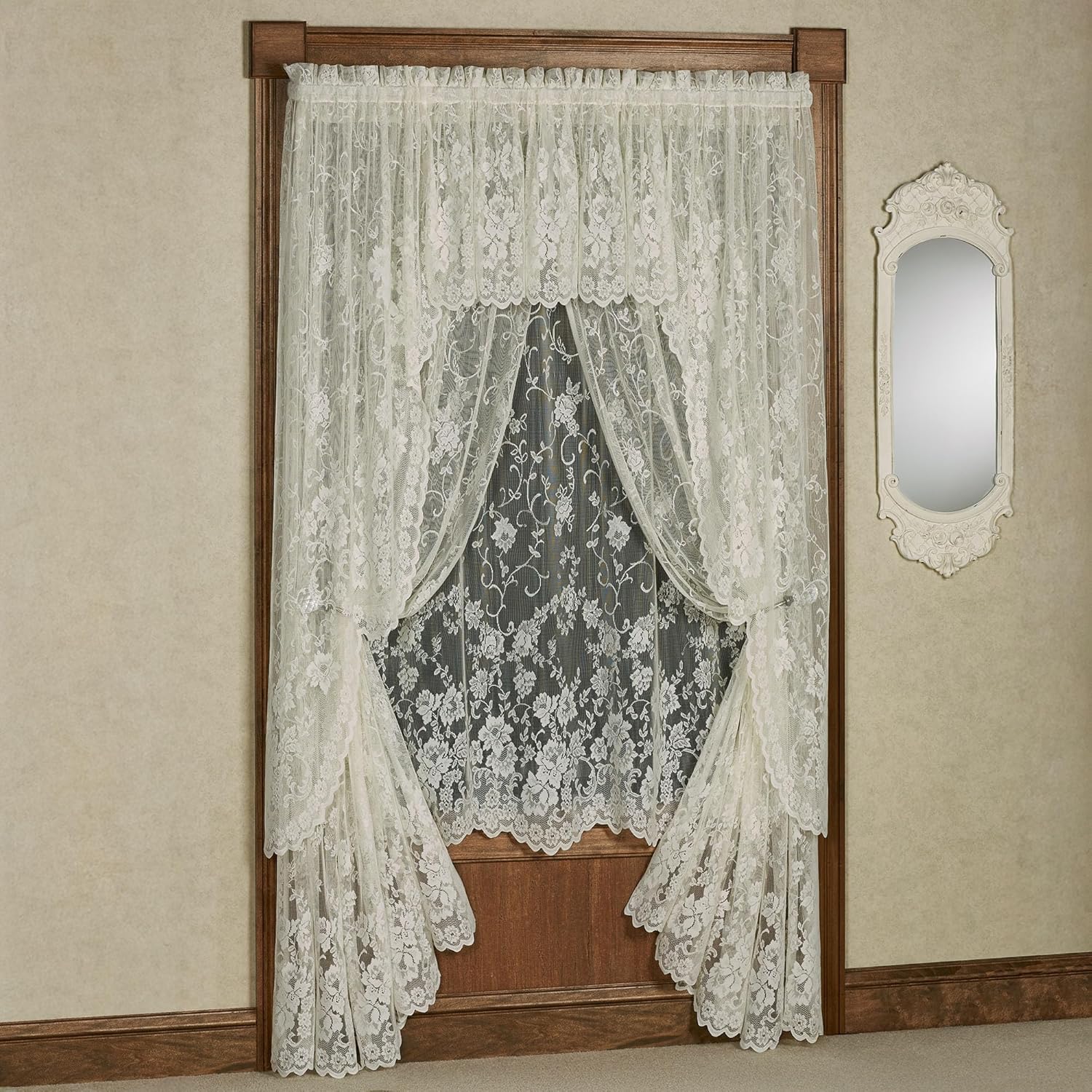 Luxury Sheer Polyester Enchanting Roses Lace Window Treatment | 3 Piece Set: Scallop Valance, 63L Swag Pair, and 63L Panel | Classic Flower | White | Rod Pocket | Machine washable | Light Filtering