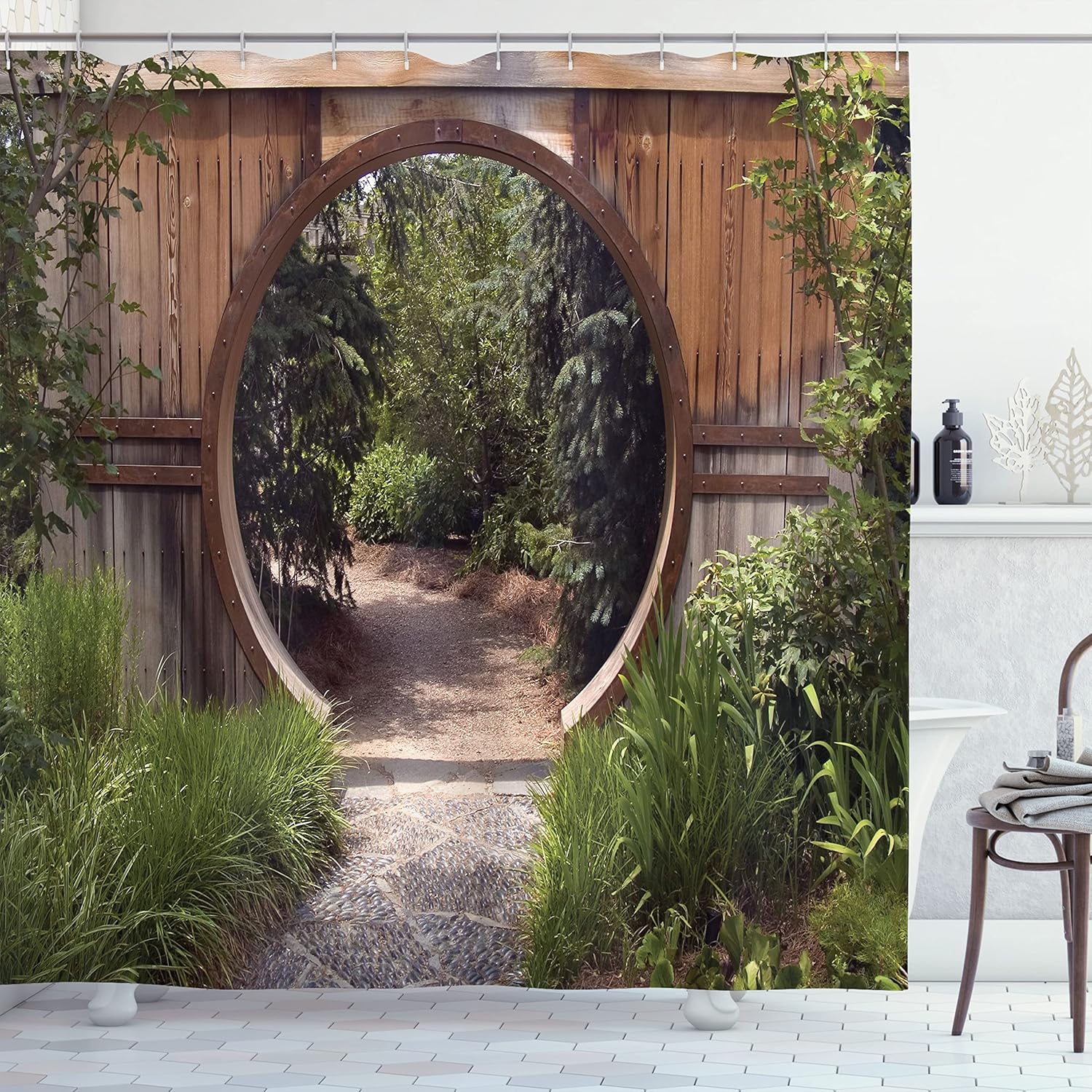 Ambesonne Japanese Shower Curtain, A Circle Rustic Doorway and Gate Opening of a National Park Sublime Habitat Natural Scenery Image, Cloth Fabric Bathroom Set with Hooks, 69" W x 70" L, Green Brown