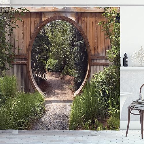 Ambesonne Cortina de ducha japonesa, una puerta rústica circular y apertura de puerta de un parque nacional, imagen de paisaje natural de hábitat disponible en Yaxa Guatemala