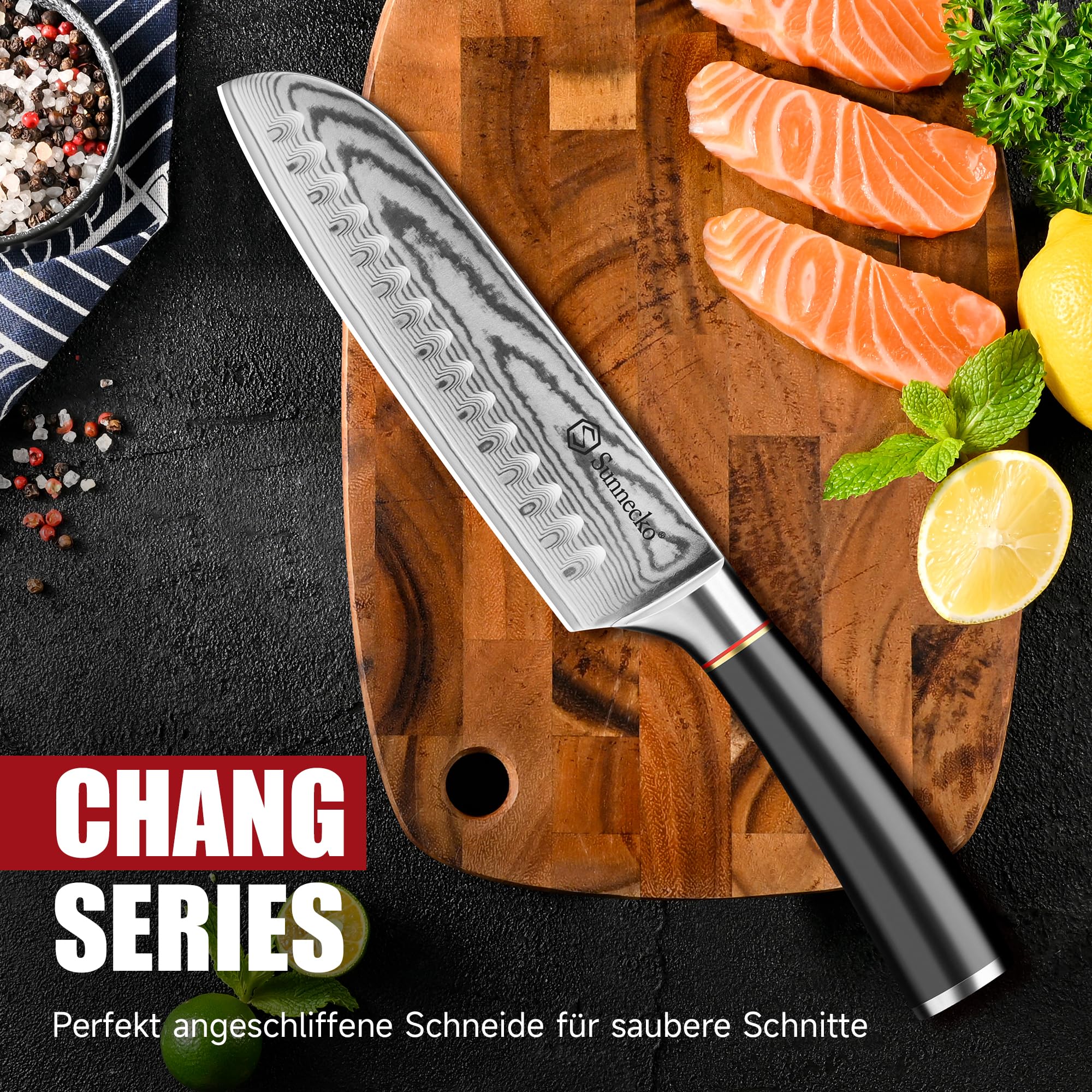 Sunnecko Santoku Messer Damastmesser 17cm, Hochwertiges Küchenmesser aus VG-10 Stahl, Fleischmesser mit Ergonomischem Griff, Schärfes Kochmesser für Lebensmittel