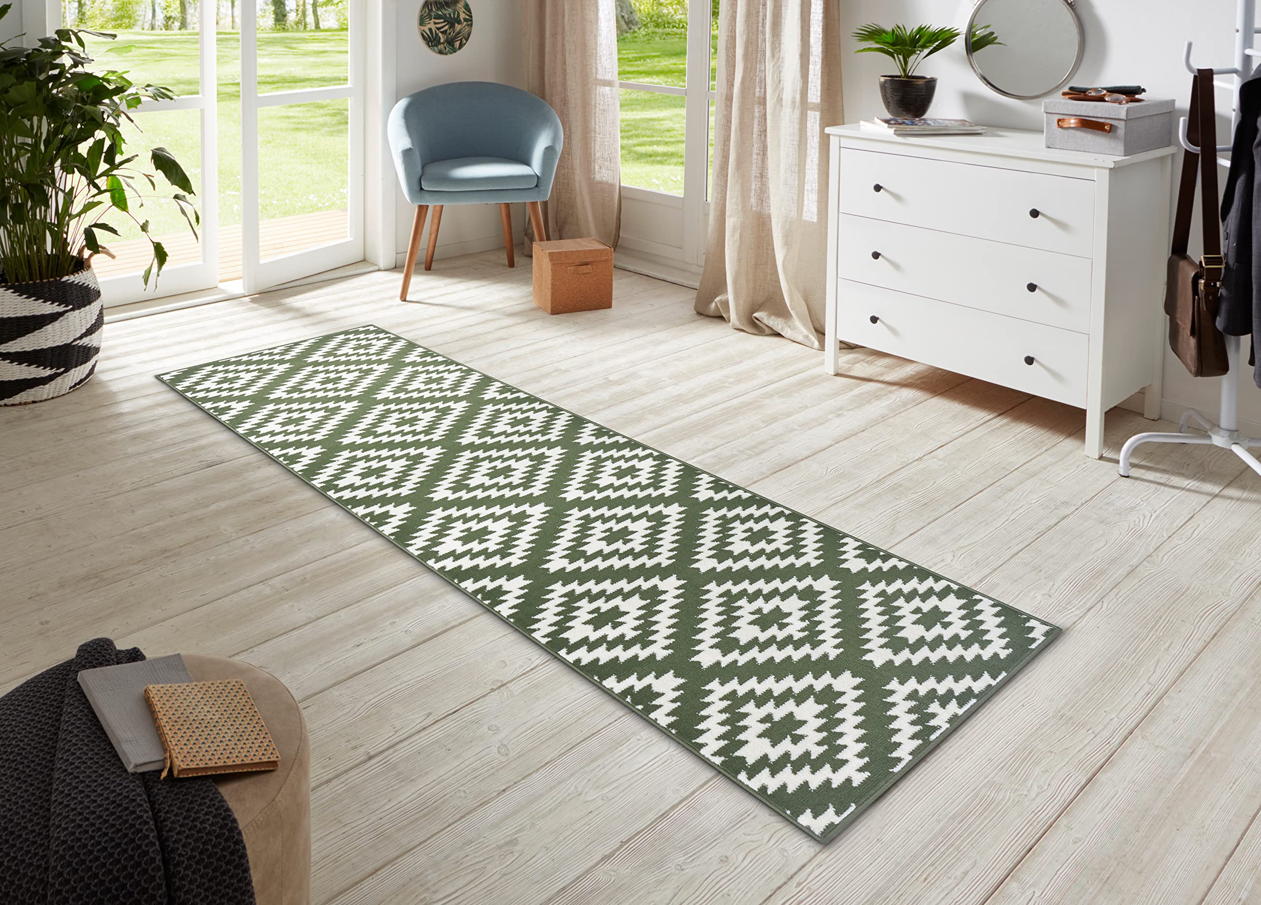 Tapis nordique vert doux design losanges moderne 80x300 cm à poils courts