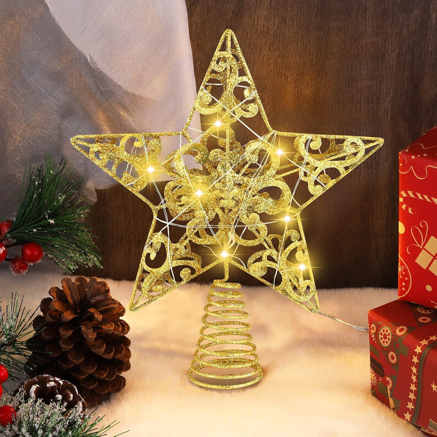 MCEAST Glittered Christmas Tree Topper with LED Lights 10 Inches Light Up Star Treetop for Indoor Outdoor Christmas Tree Decoration, Gold