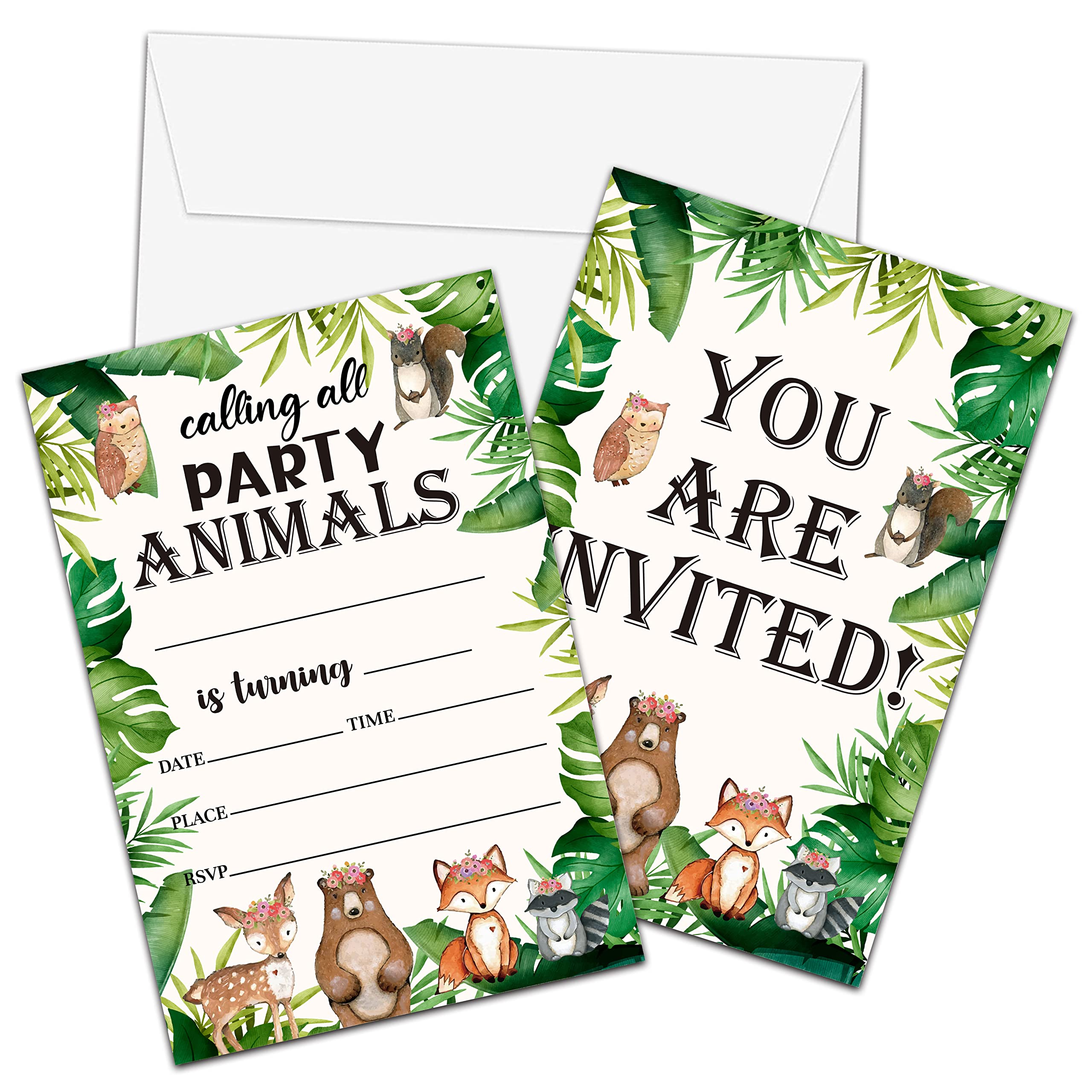 Foosproea Woodland Birthday Invitations with Envelopes - Safari Party Invitation Card for Boys/Girls - Forest Animal Themed Fill-in Invites Cards -