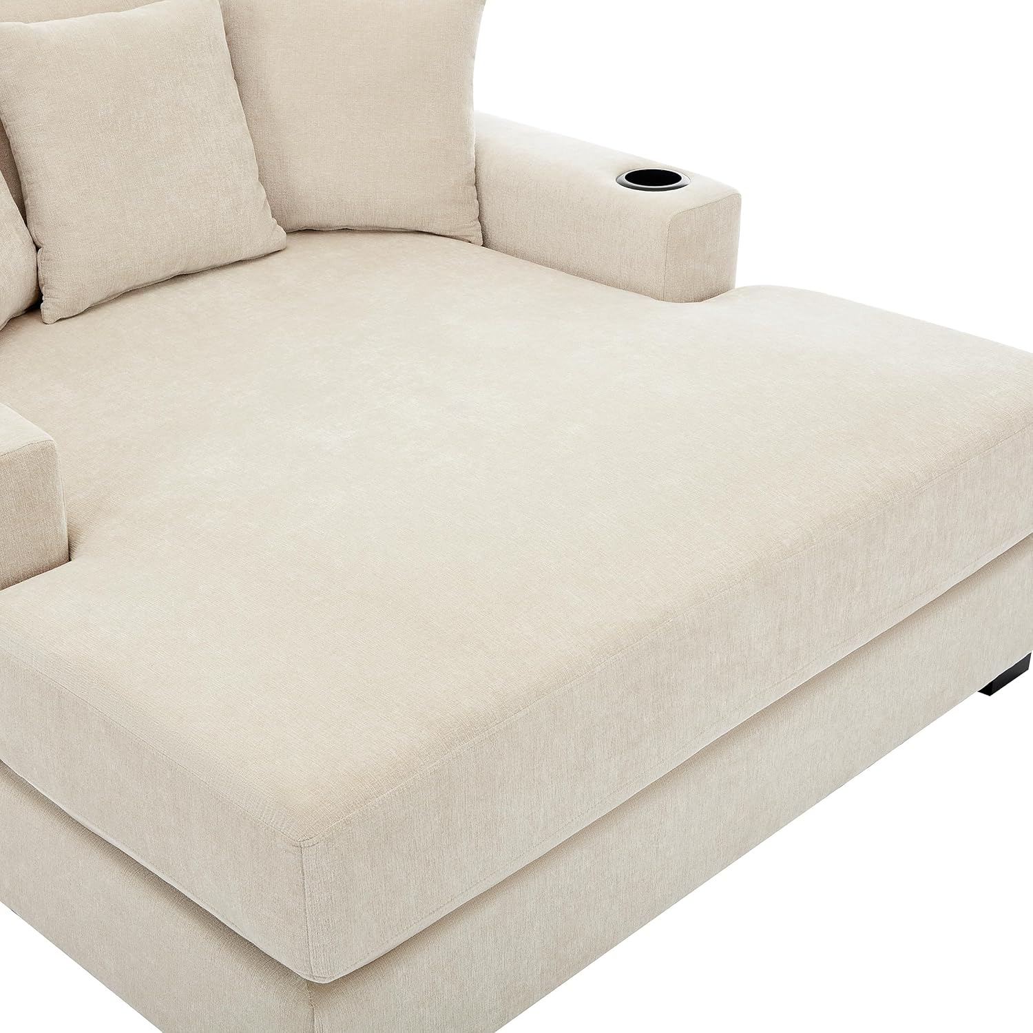 55" Oversized Chaise Lounger, Modern Style Sofa Couch with Pillows, Charge Station & Cup Holders, Chenille Fabric, Cream