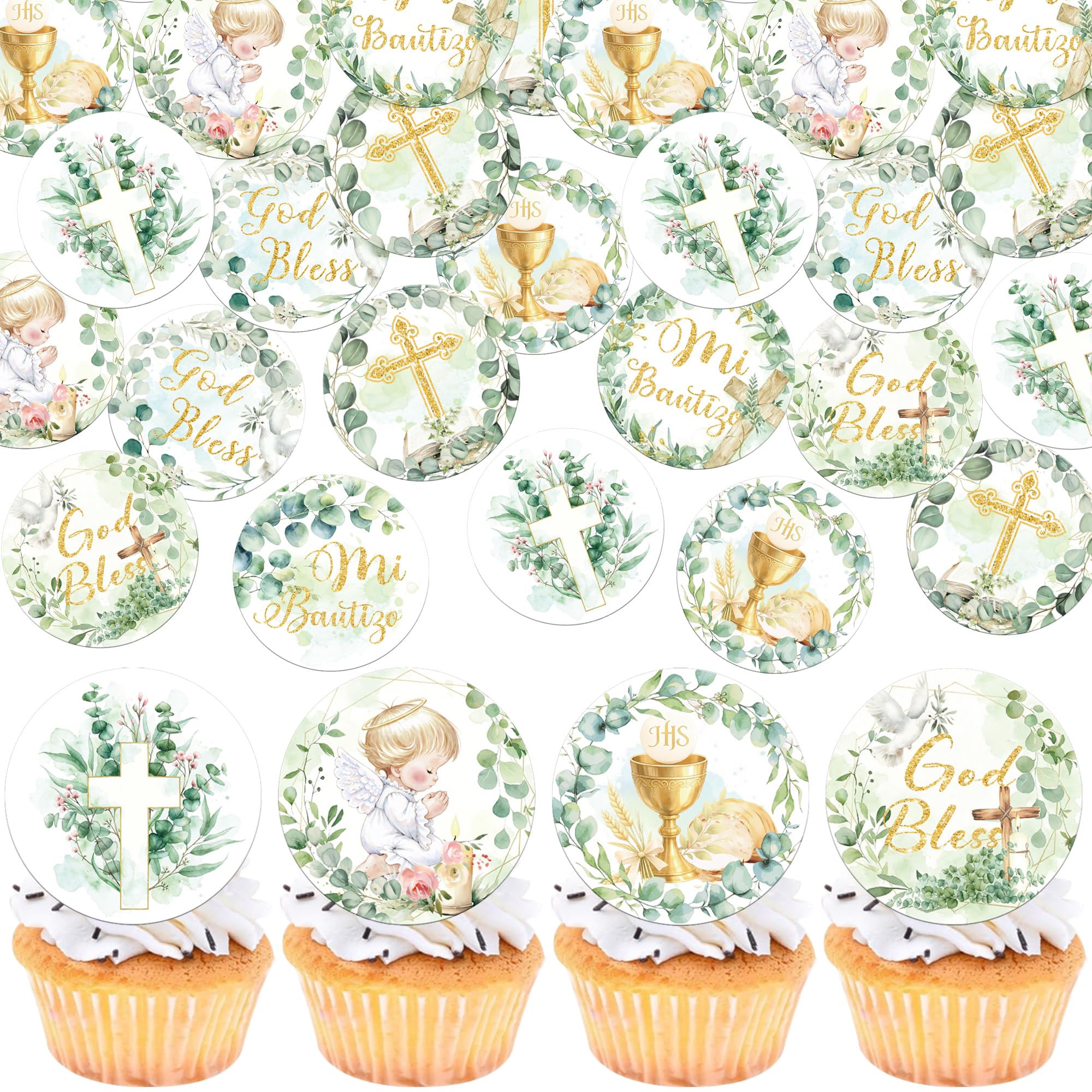 SYKYCTCY 60 Pack Edible God Bless Cupcake Toppers Edible Cross Spanish Mi Bautizo Cupcake Picks Christian Cake Decorations for Baby Shower Gender Reveal Religious Party Supplies