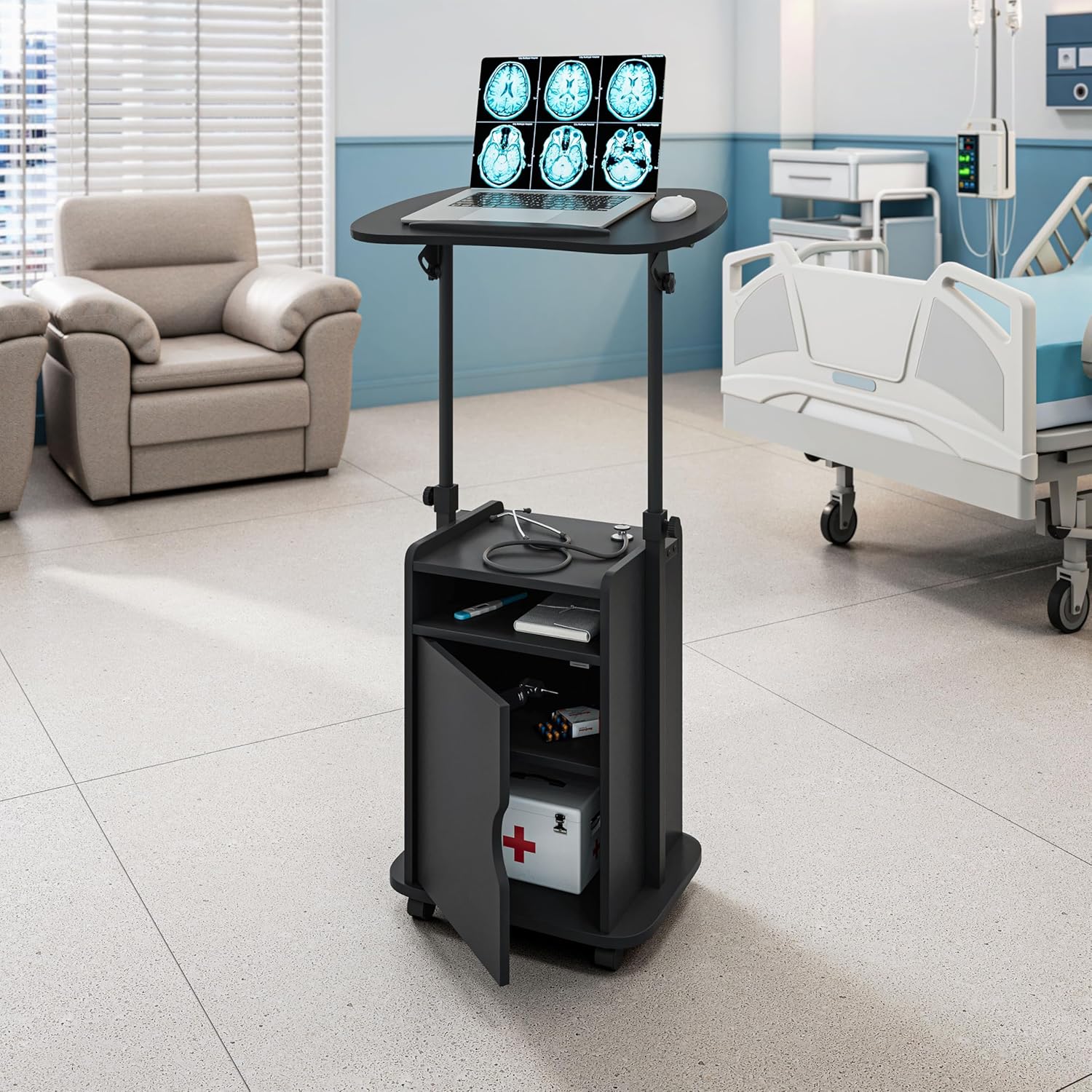 Techni Mobili Adjustable Laptop Cart with Storage, Rolling Mobile Workstation Desk with Cabinet, Shelf & Locking Wheels. Height Adjustable Sit to Stand for Home Office, Bedside, or Classroom (Black)