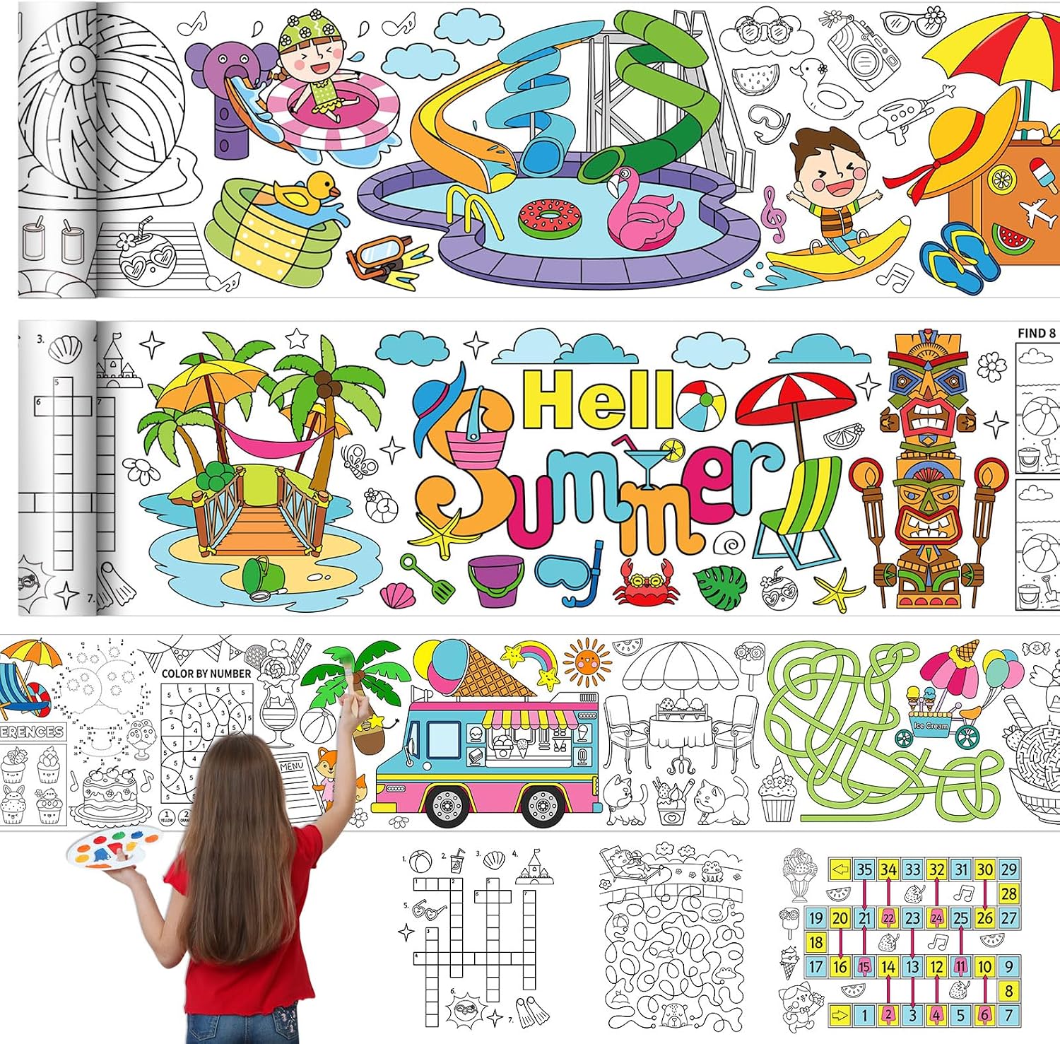 3 Pack Summer Coloring Game Poster for Kids 118x11.8 Inch Fun Game Drawing Paper Roll Giant Coloring Posters Jumbo Summer Decoration for Classroom Activities Party Supplies