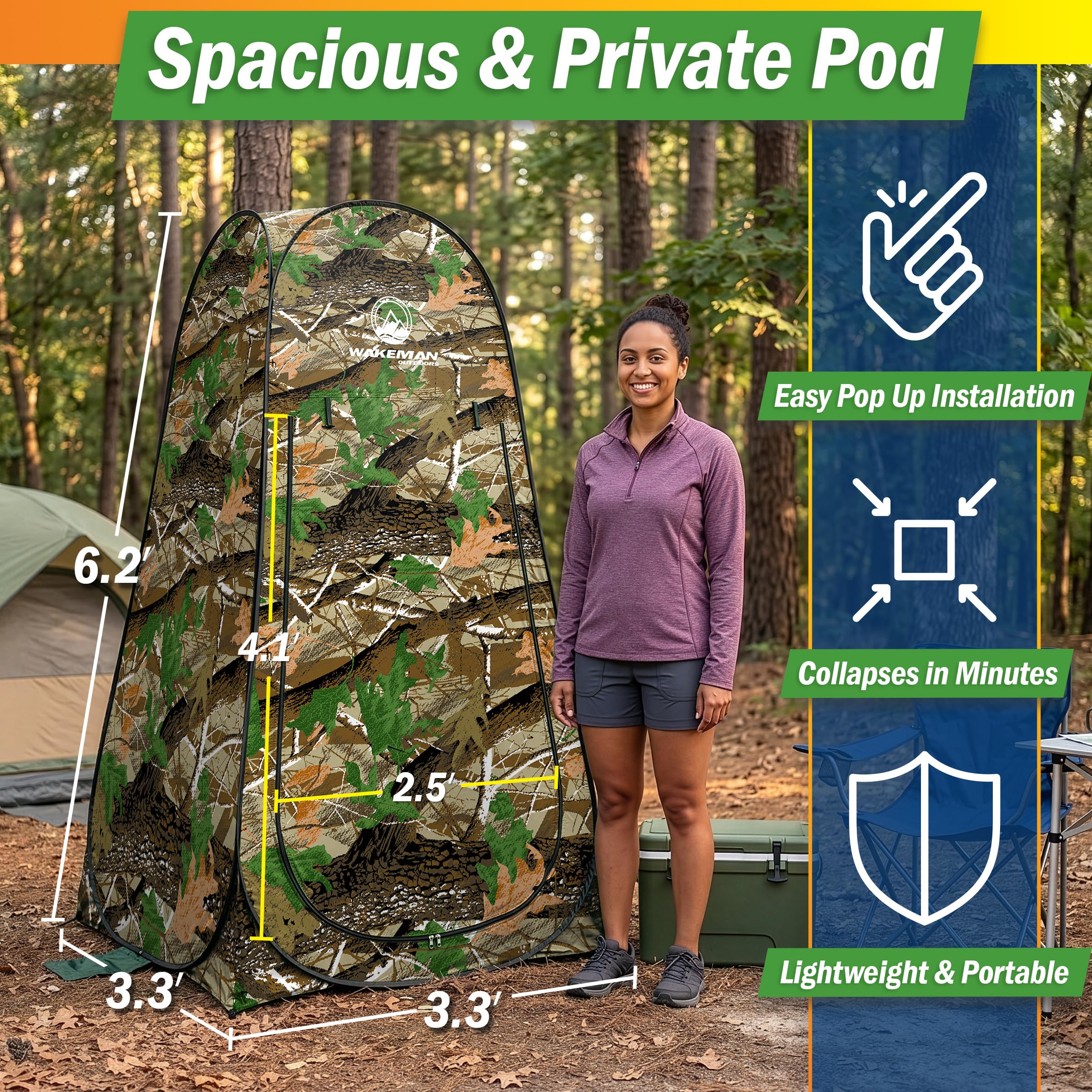 Wakeman Outdoors Pop-Up-Pod – Sichtschutz-Duschzelt, Ankleidezimmer oder tragbare Toilettenkabine mit Tragetasche für Camping, Strand oder Heckklappe (Camo)