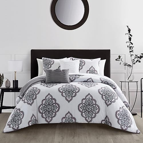 Chic Home Pacey - Juego de edredón de algodón jacquard de 5 piezas, ropa de cama bordada con medallón, fundas de almohada decorativas incluidas,