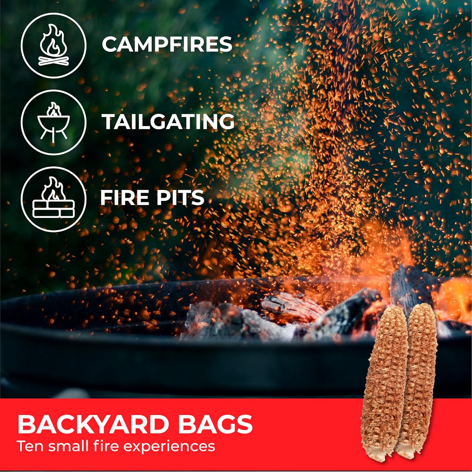 FIRECORN Firestarter - All-Natural Instant Firestarter for Fireplaces, Campfires, Fire Pits, BBQ's and Pizza Ovens - Lights Charcoal, Briquette and Firewood - 10 Pack (2 corncobs per Pack)