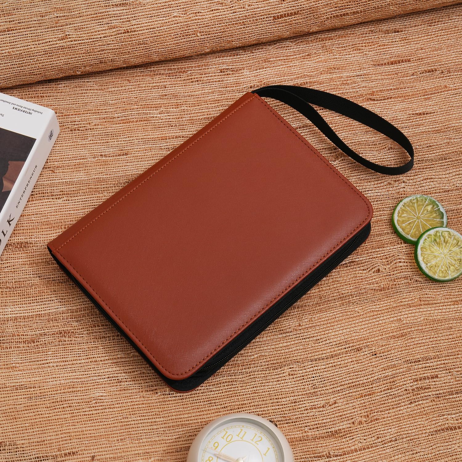 Wonderpool Card Binder A5 Album Zippered 4-Pocket Trading for 240 Cards - Leather PU Card Holder Collection Storage Folder, Side-Loading for Photo Pokemon, MTG, TCG, Yugioh, Sports Cards (Brown)