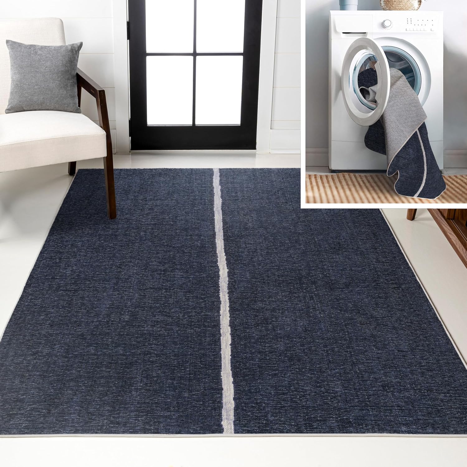 JONATHAN Y Machine Washable Navy/Gray Indoor Area Rug 4X6 ft, Linja Solid Centre Stripe for Living Room, Bedroom, Kitchen, Office, Easy-Cleaning, High Traffic, Pet-Friendly, Non-Shedding (WSH117A-4) Linja Navy/Gray 3'11" x 6' (Rectangular)
