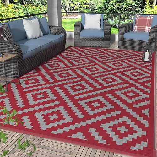 GENIMO Christmas Outdoor Rug for Patio Clearance, 6'x9' Reversible Plastic Straw Rugs, Lightweight Waterproof RV Camping Mat for Camper, Balcony, Deck, Backyard, Picnic, Red Grey