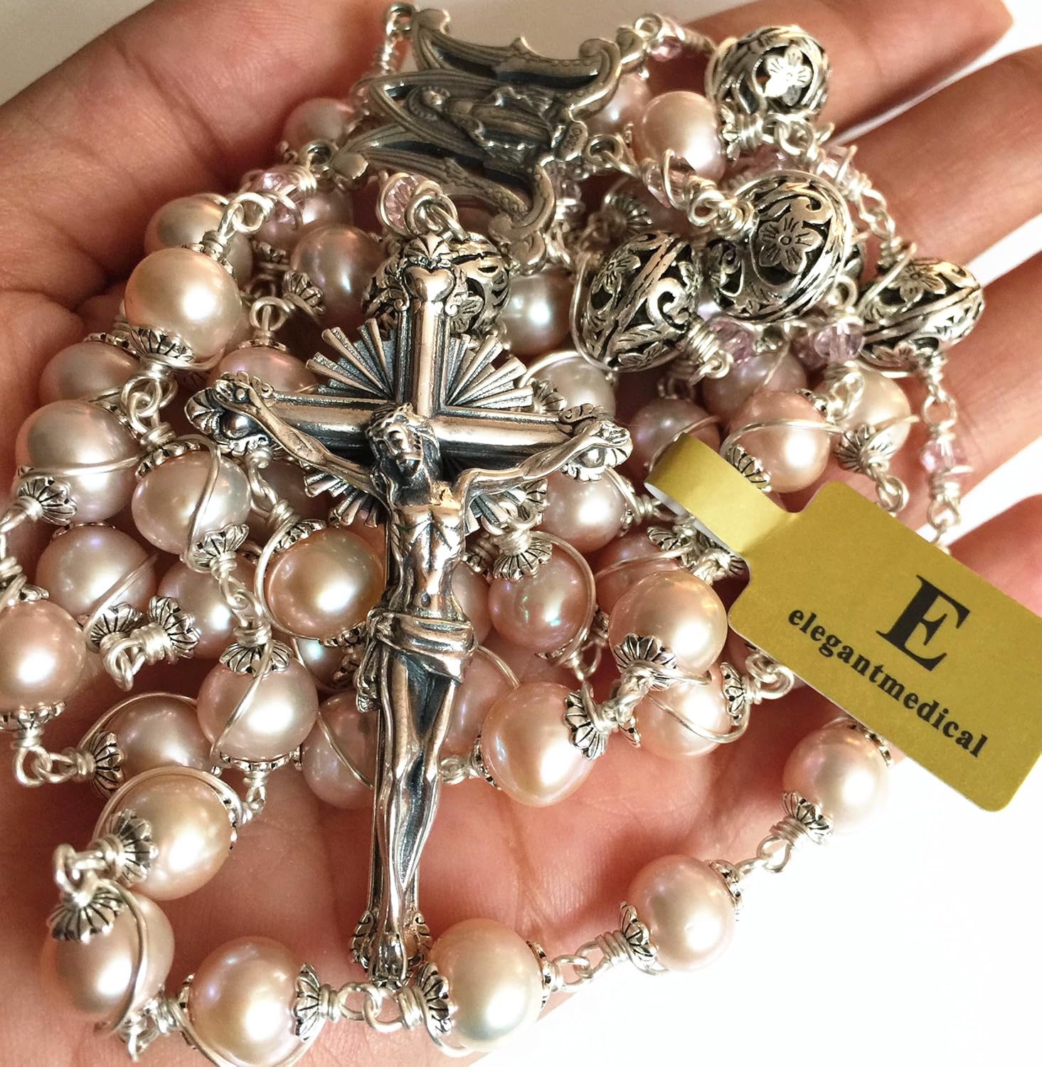 elegantmedical HANDMADE Wire Wrap Bali Sterling Silver Beads Real Pearl Catholic Rosary Necklace Cross