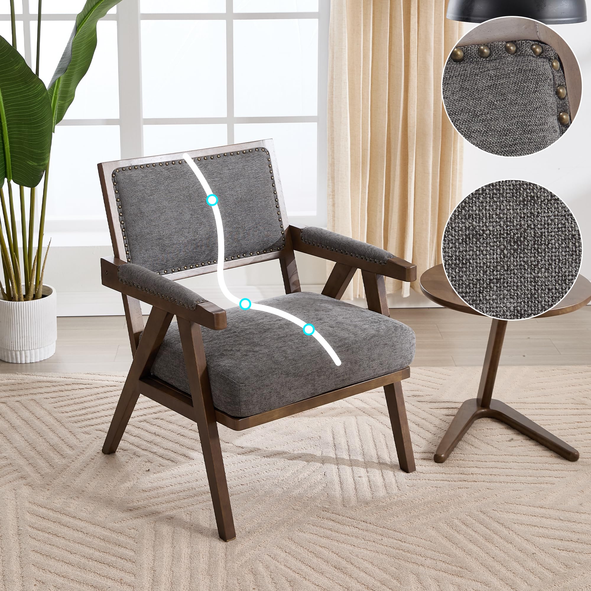 Lexiou Mid-Century - Sillón individual de tela con reposabrazos, marco de madera acolchado, para salón, dormitorio, estudio, oficina, decoración (gris)