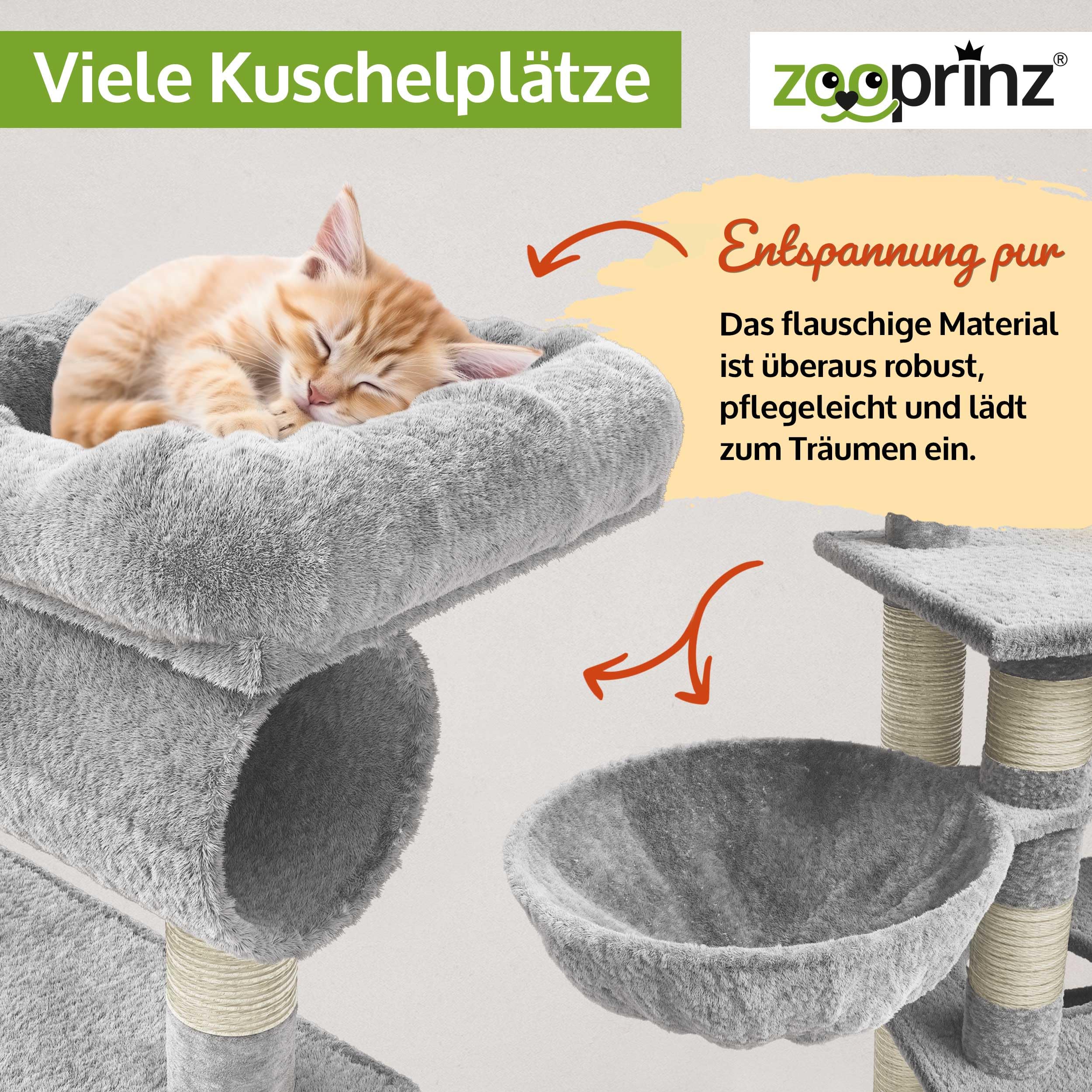 zooprinz XXL Kratzbaum extra breit – Katzenbaum, Hellgrau | Premium Kletterturm mit dicken Sisal-Säulen, Höhle, Hängematte, Spielbällen & Seil für kleine und große Katzen