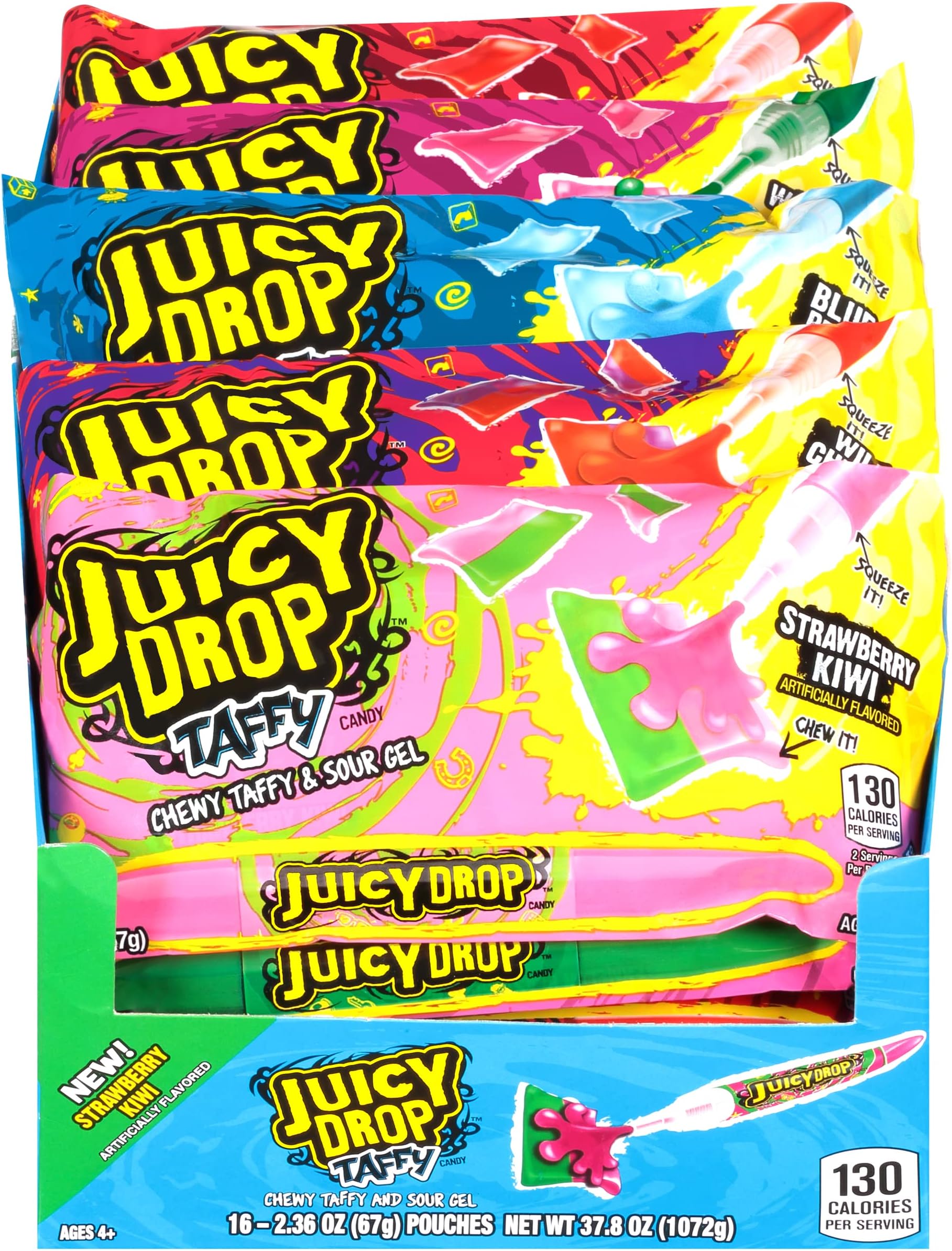 Taffy Variety Pack, Assorted Flavors Sweet Chewy Candy with Sour Gel Pen, 16 Count