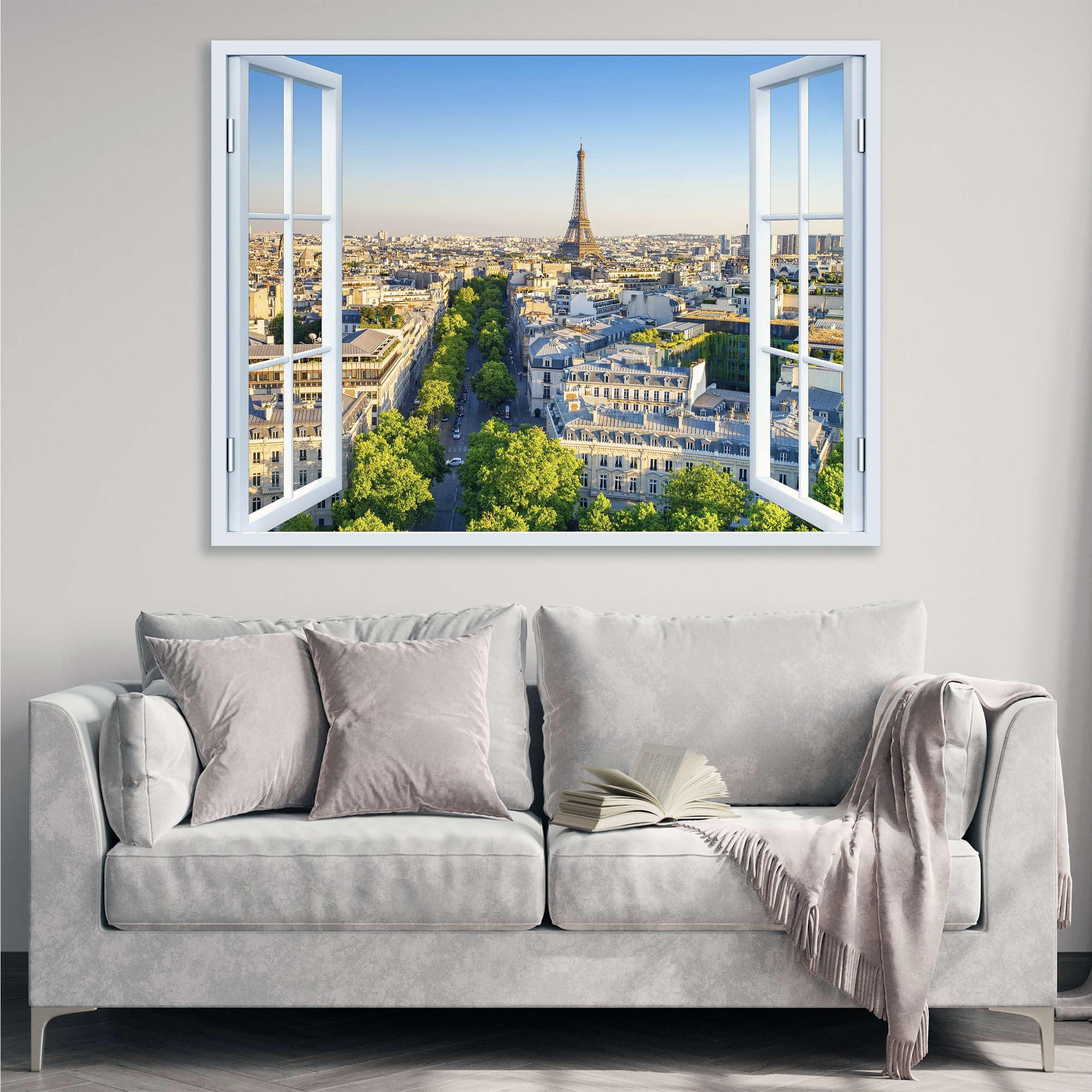 Quadro finestra panorama Parigi Torre Eiffel - stampa su tela con telaio in legno - 120x80 cm