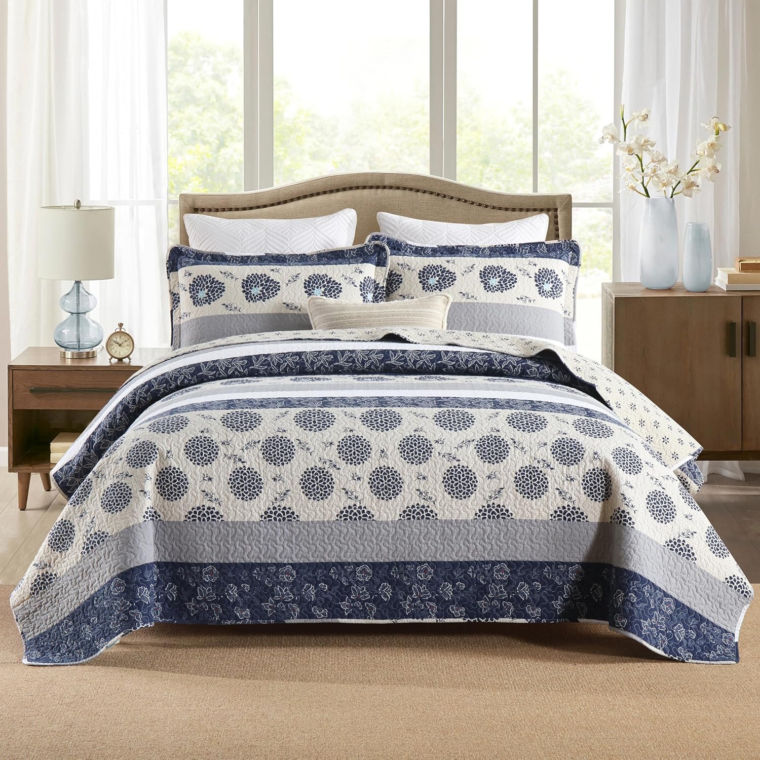 Homzard Quilt Queen Size - Queen Comforter Set,Navy Blue Beige Grey All Cotton Quilted Bedspread Set,Striped Floral Pattern Quilt Set,Lightweight Paisley 3 Piece Bedding,All Seasons 01navy/Cream/Grey Queen (90"x98")