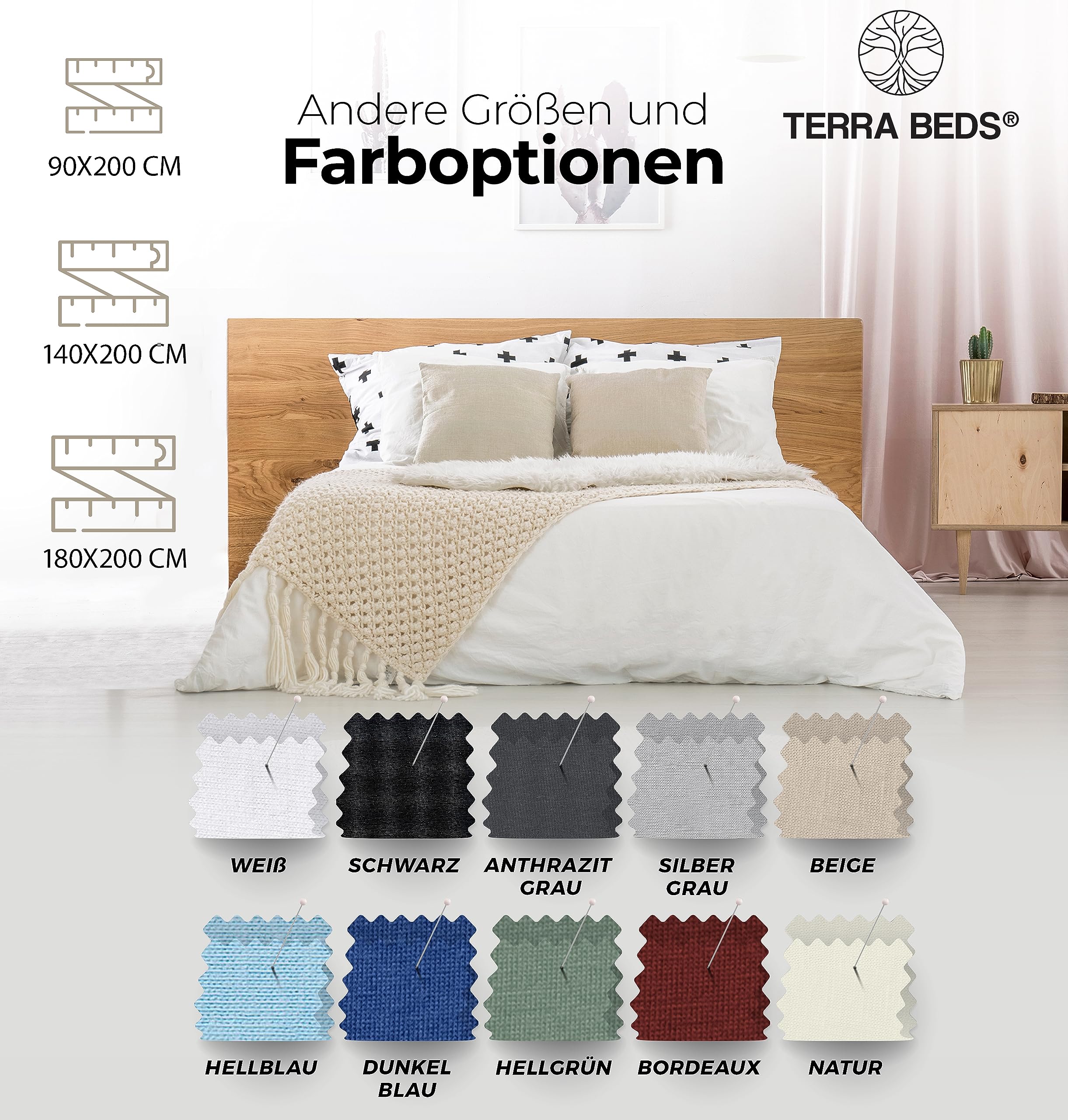 Terra Beds Premium Topper prześcieradło z gumką 90 x 200 cm – 100 x 200 cm, 160 g/m2 – 100% wysokiej jakości prześcieradło z gumką Oeko-TEX z dżerseju na łóżko kontynentalne – dostępne w 10 kolorach