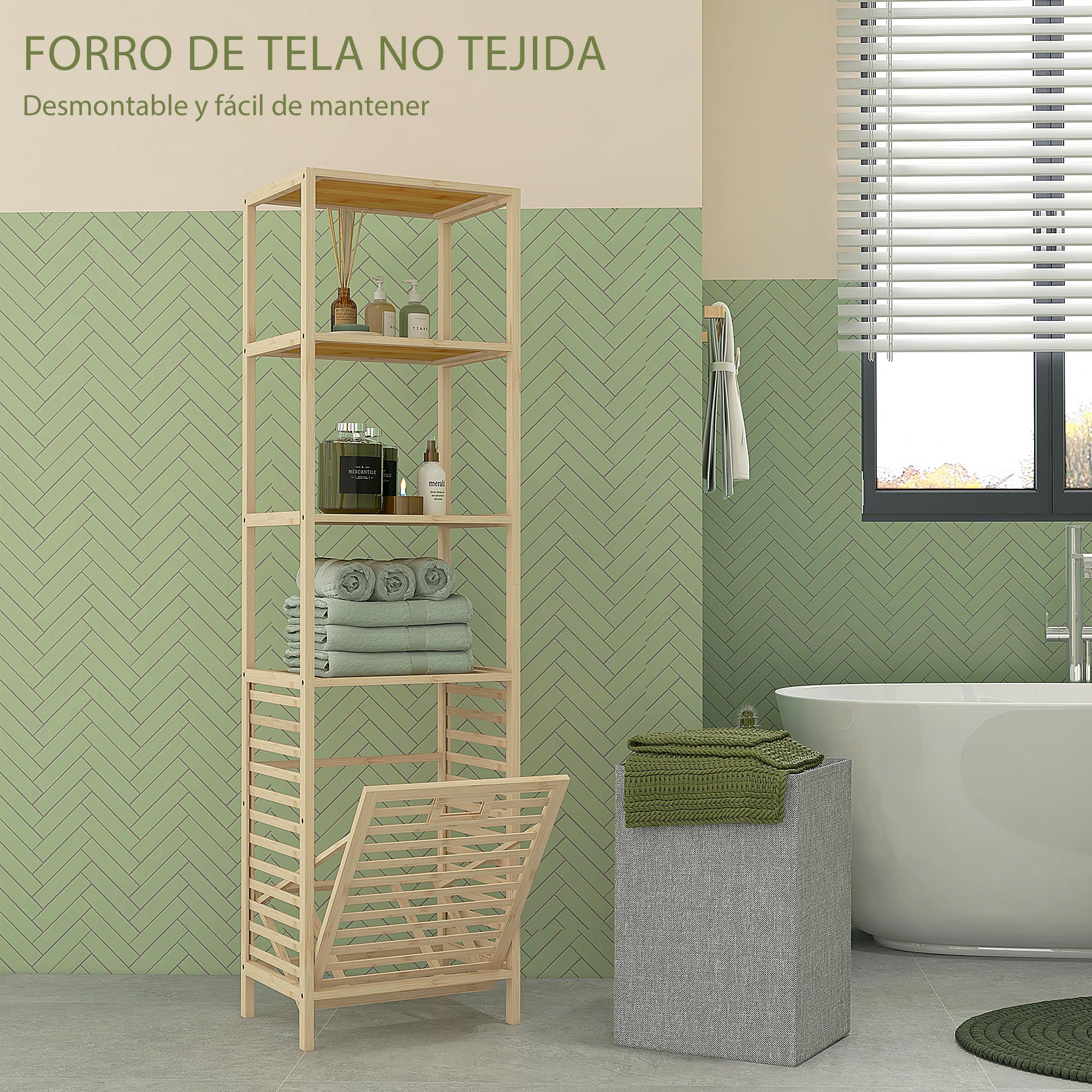 HOMCOM Estantería de Baño de Bambú Estantería de Almacenaje Mueble de Baño con 3 Estantes y 1 Cesto para Ropa Sucia Desmontable 44x33x160 cm Natural