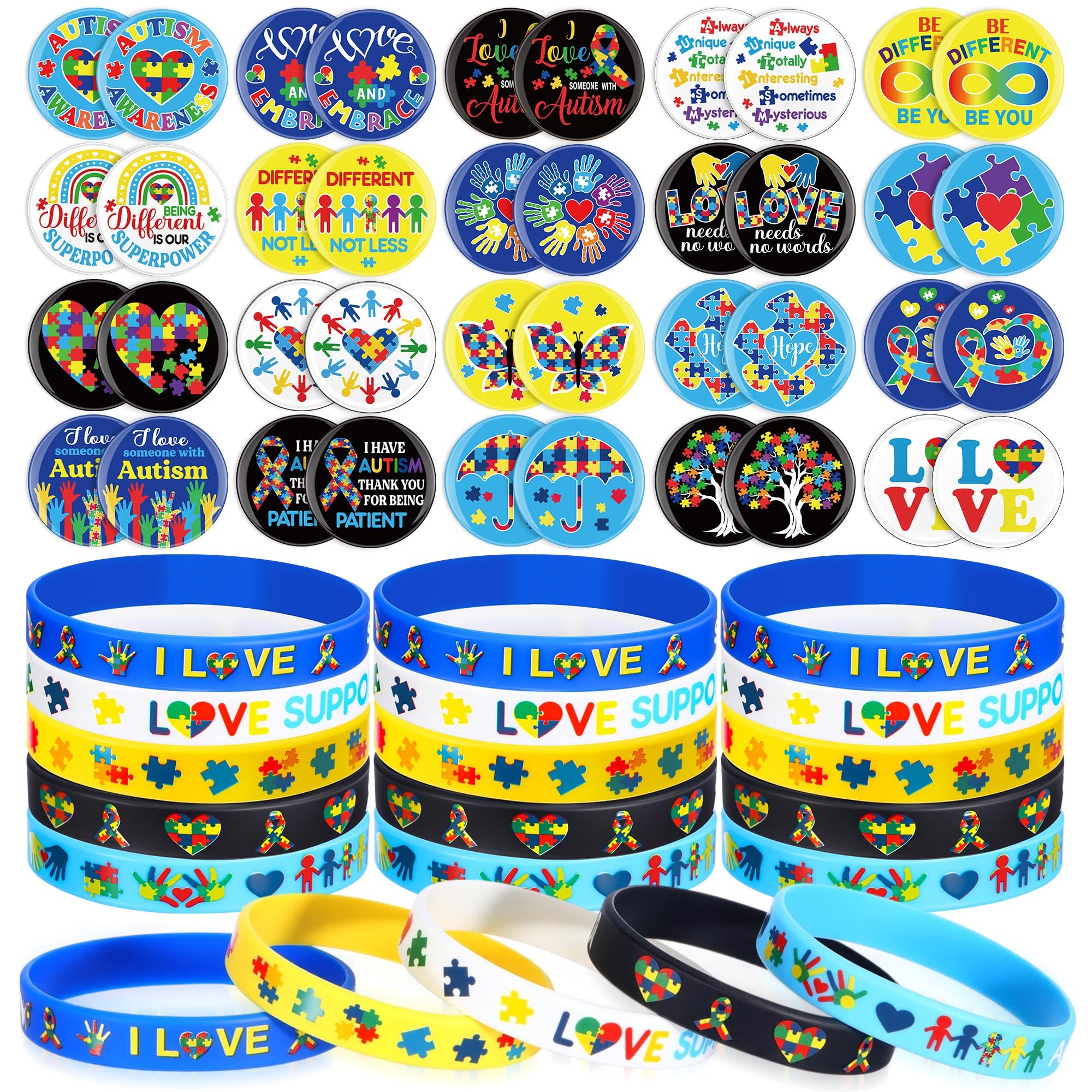 Hiboom 80 Pieces Autism Awareness Bracelets and Pins Set Puzzle Pieces Ribbon Buttons Badge and Bracelets Gifts for Autism Acceptance Month Bulk Items Gifts Accessories Party Favors