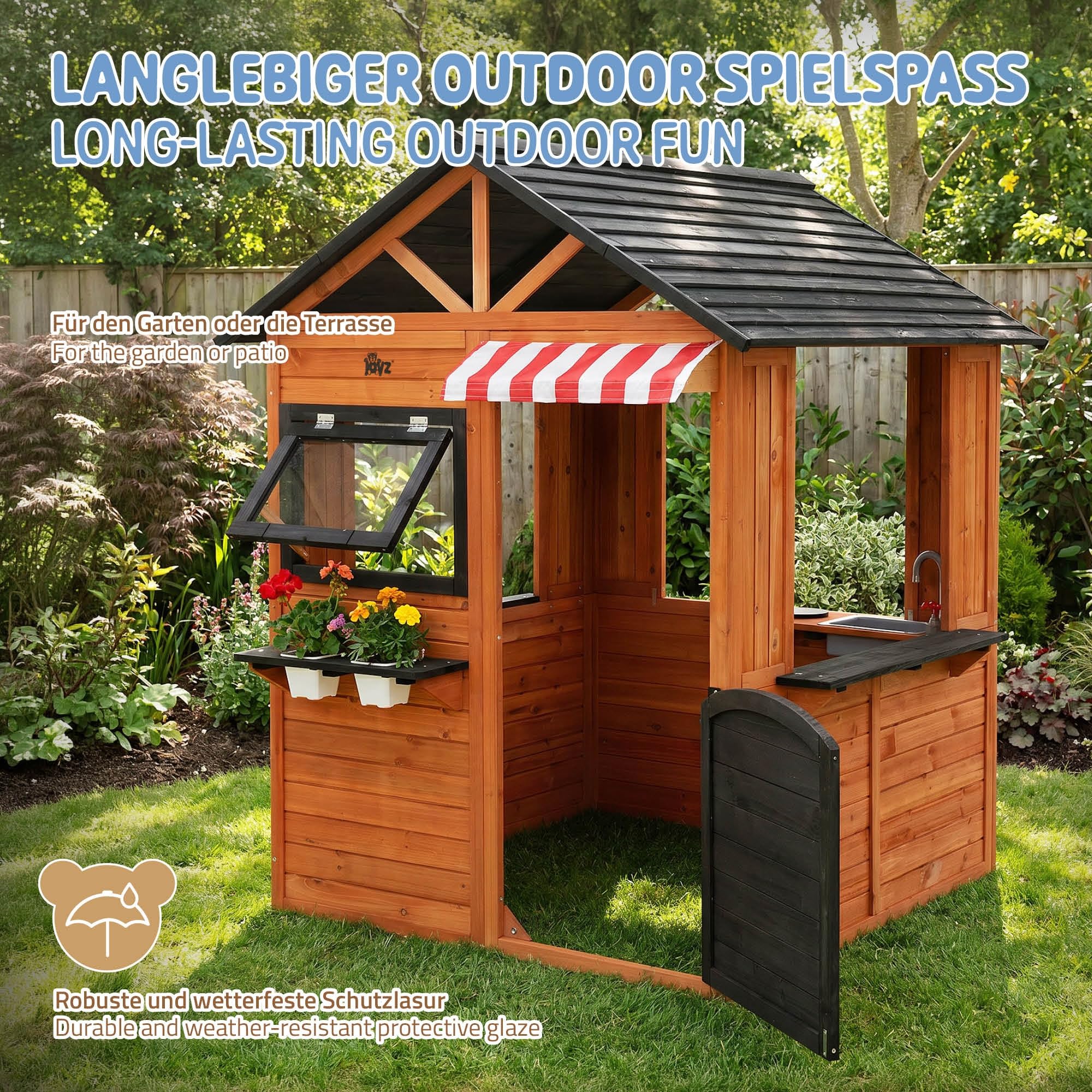Joyz Kinderspielhaus aus Tannenholz massiv, Spielhaus mit Spiel- und Matschküche, Outdoor mit Tür, 4 Fenstern, wetterfest, für Kinder ab 3 Jahren