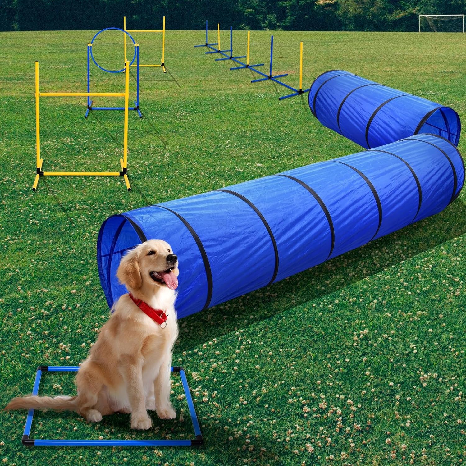 Dog Agility Equipment,Dog Agility Kit, Portable Backyard Agility Course with 9ft Dogs Tunnel, Weave Poles, Hoop Jumps, collapsibly Water Bowl & More – Dogs Training Kit for Indoor & Outdoor