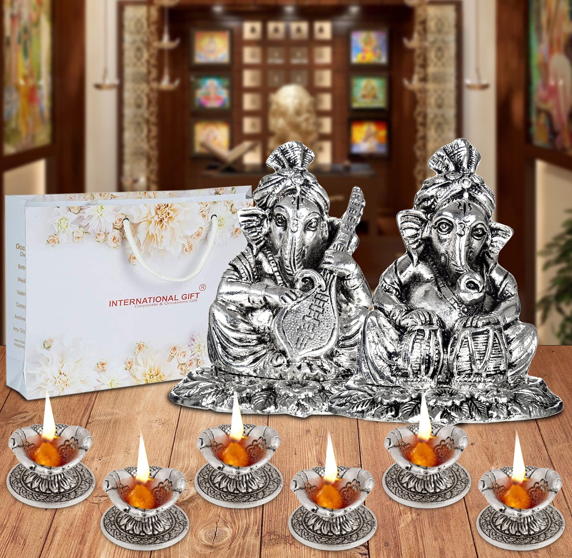 SMILES GIFT Silver Ganesh with Sitar and Tabla Instrument Statue Oxidized Finish with Velvet Box Packing and Beautiful Carry Bag (6 pics Diya Set)