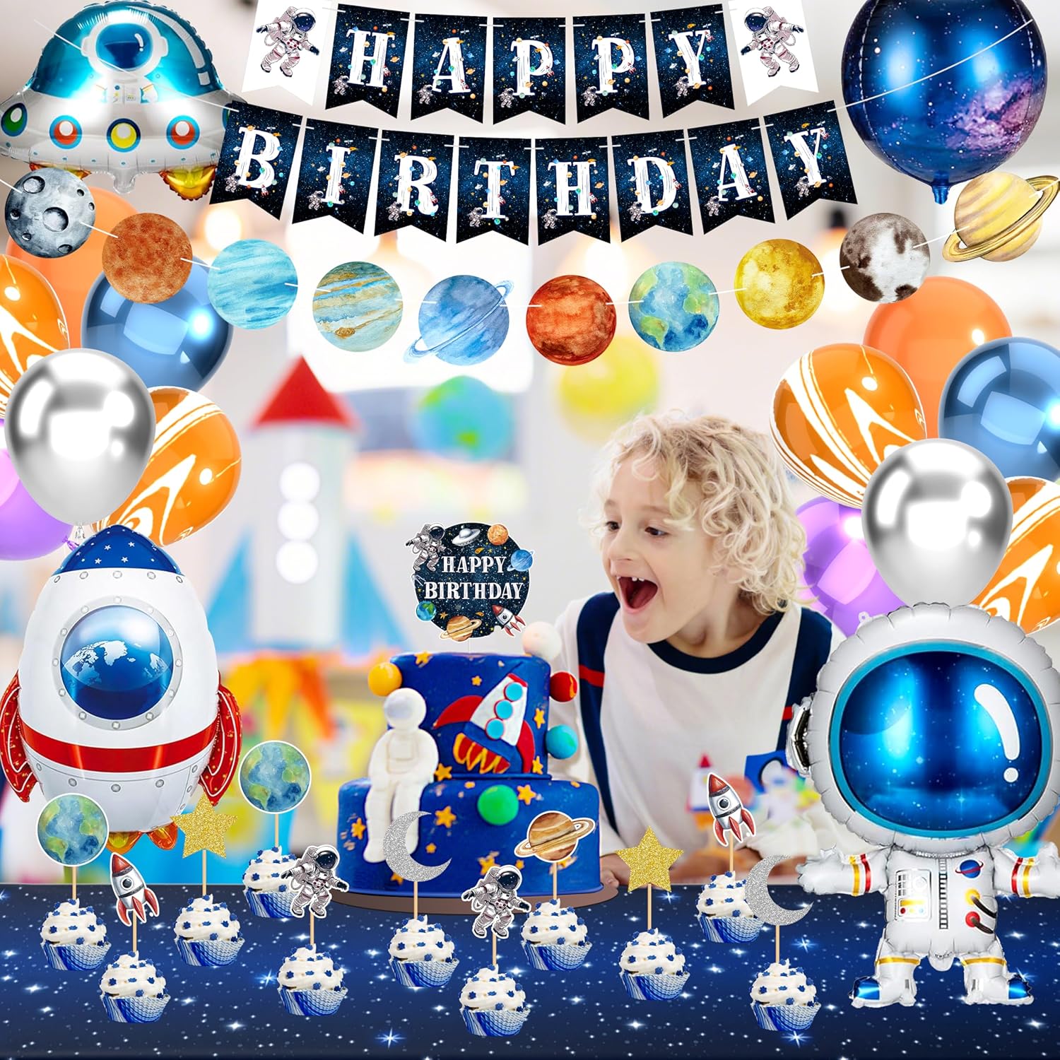 Outer Space Birthday Party Decorations Space Themed Party Supplies Planet Banner Backdrop Cake Topper Solar System Paper Lantern Galaxy Tablecloth Balloon Garland Kit for Space Astronaut Party Decor - Image 6