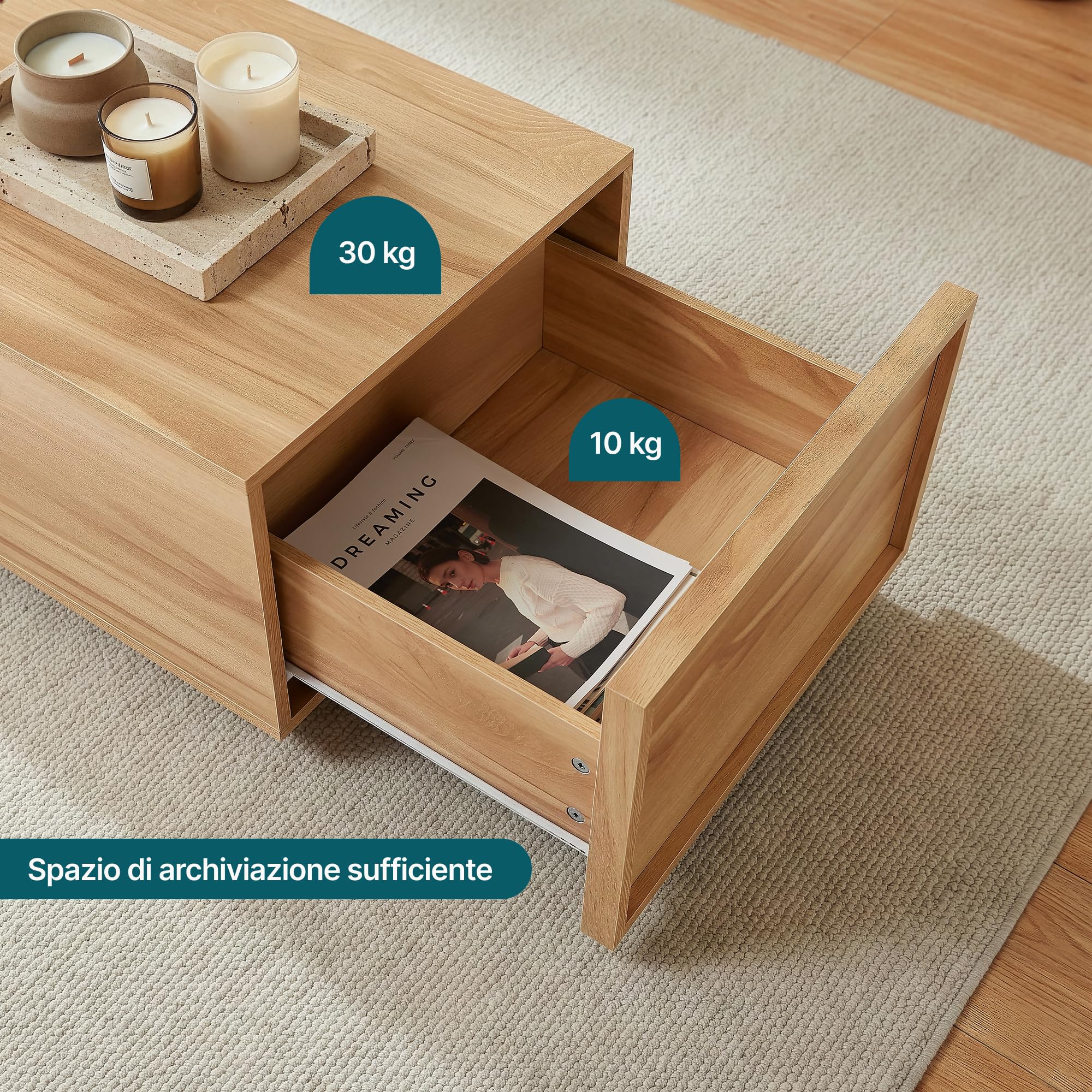 [en.casa] Tavolino da Salotto con 2 Cassetti Laterali Tavolo Basso Centrale da Caffè con Piano Rettangolare per Soggiorno Zona Living Studio 104 x 50 x 40 cm - Effetto Rovere