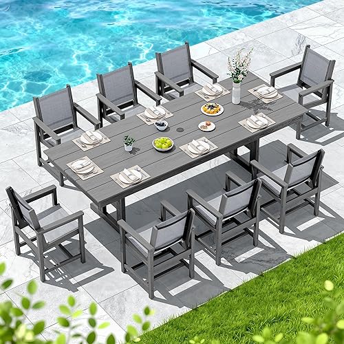 Miniatura 7 de SERWALL Juego de comedor al aire libre de 9 piezas, mesa y sillas de polietileno de alta densidad de 84 pulgadas para 8, juego de muebles de patio