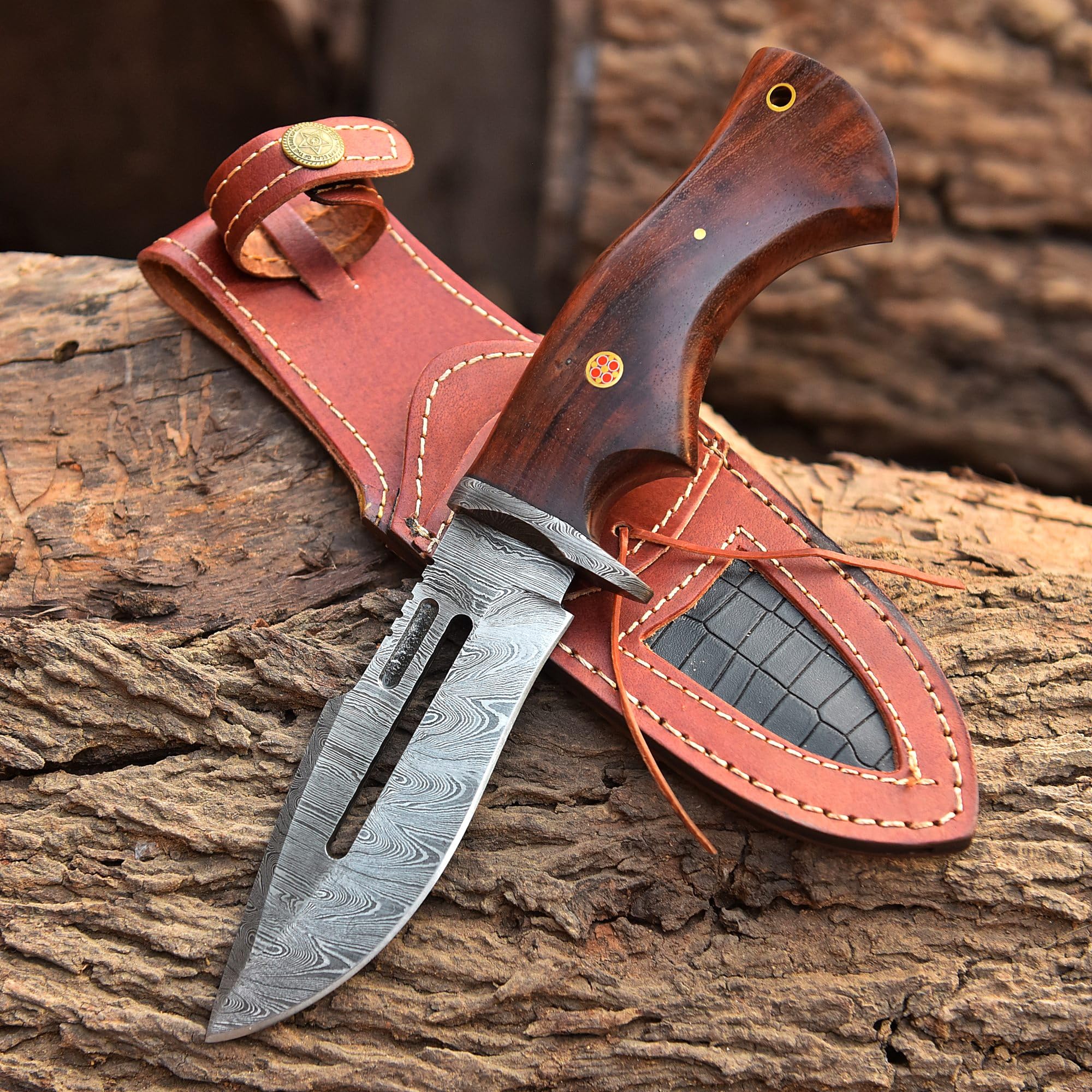 MOHID ENT Handmade Damascus Hunting Knife with Leather Sheath - Ideal for Skinning, Camping, Outdoor - EDC Fixed Blade Bushcraft Knife with Walnut Wood Handle- Horizontal Carry Knives For Men-4002