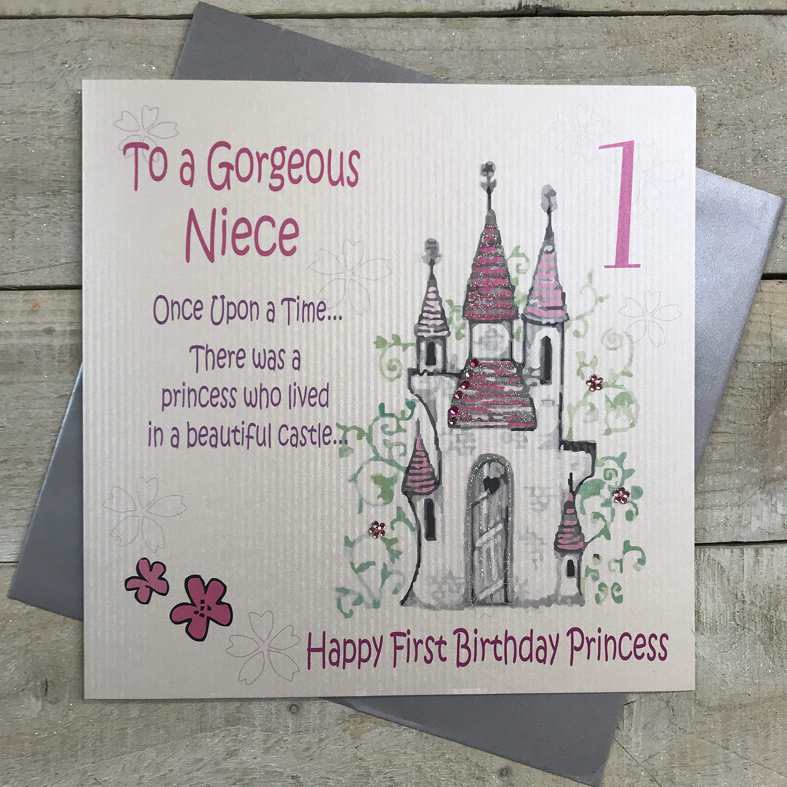 white cotton cards Large Princess Castle To a Gorgeous Niece 1" Handmade Fairy Tale 1st Birthday Card, XGL2-n